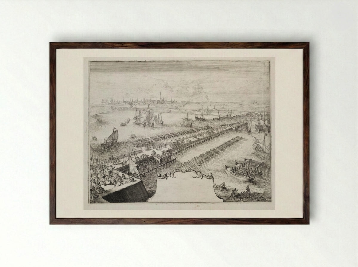 Blockade of Antwerp, 1585 - Romeyn de Hooghe - Framed Print Dark Wood