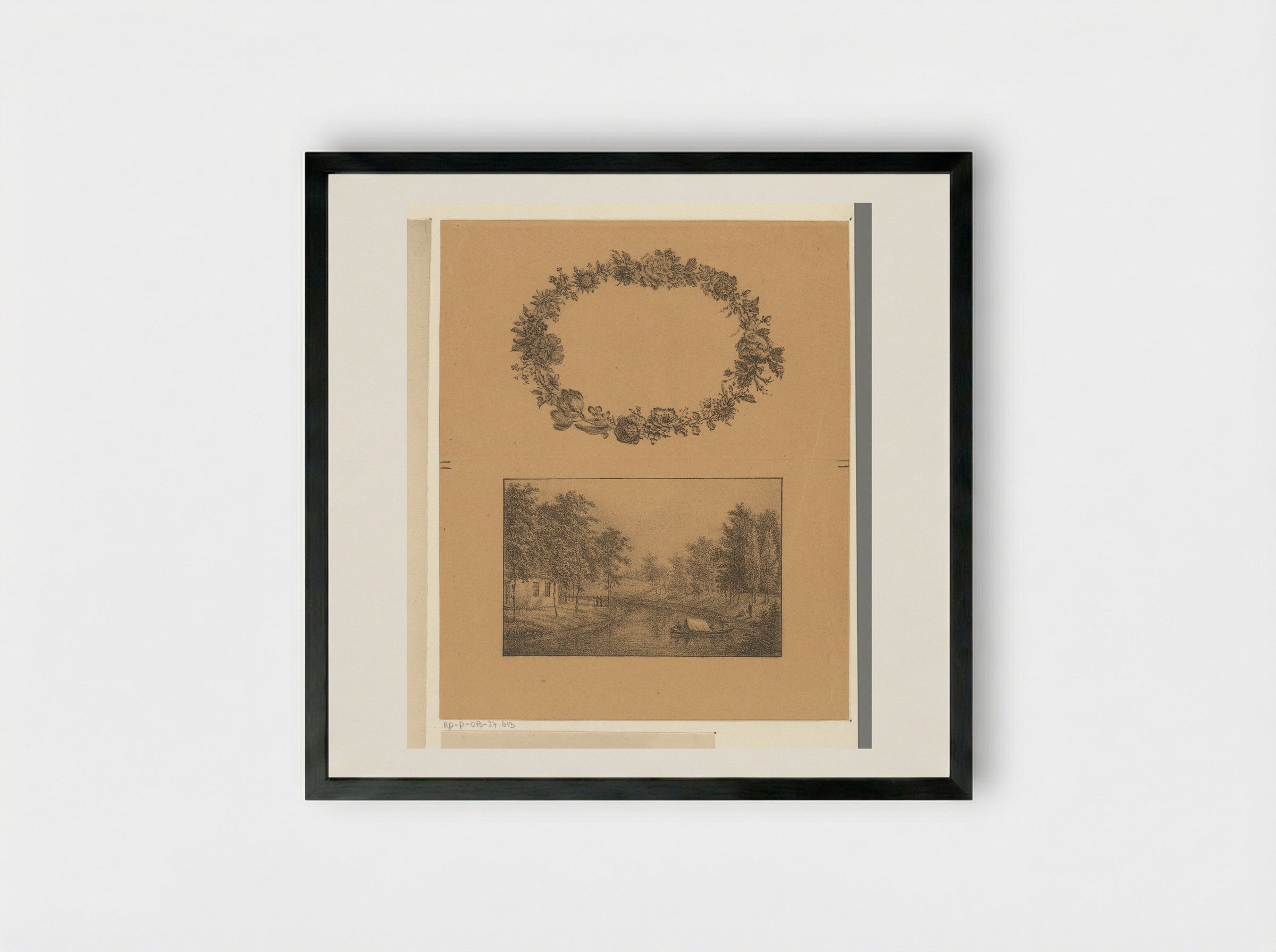 Bloemenkrans en rivier - Pieter Bartholomeusz. Barbiers - Framed Print Black