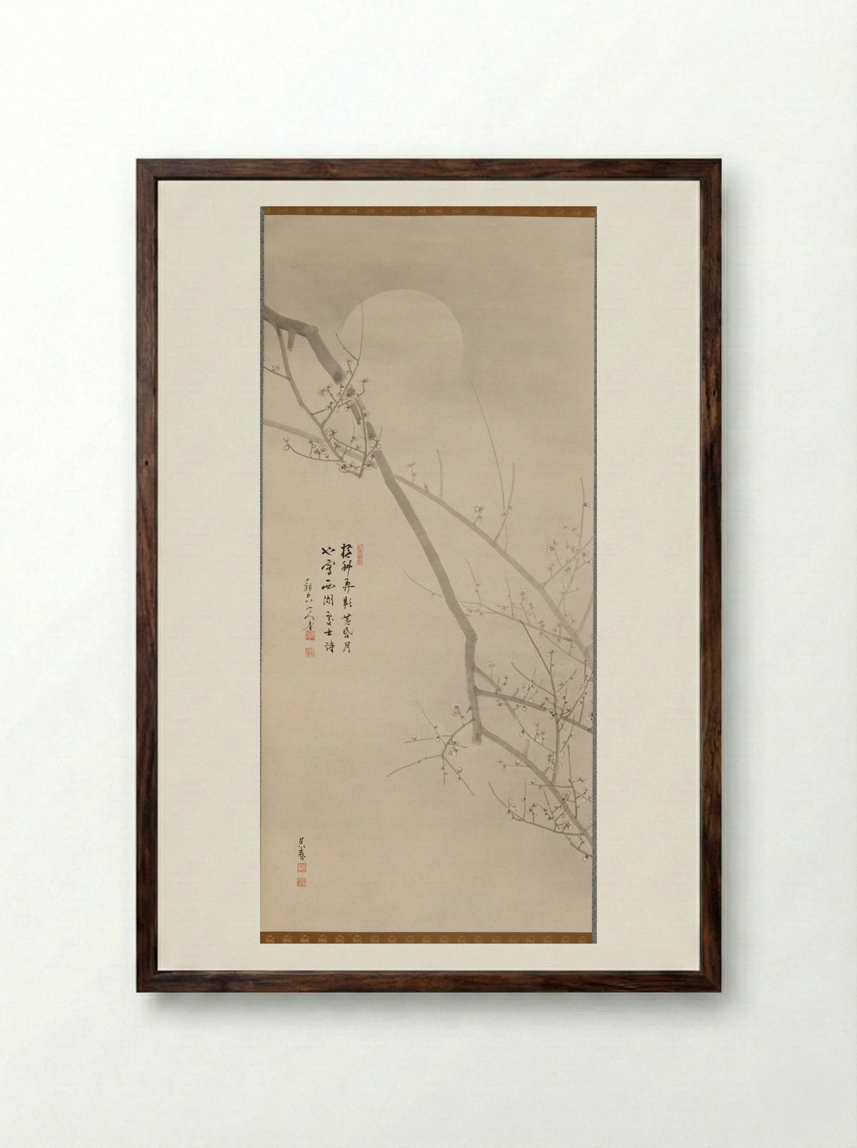 Blossoming Plum with Moon and Snow (left scroll) - Goshun (Matsumura Gekkei) - Framed Print Dark Wood