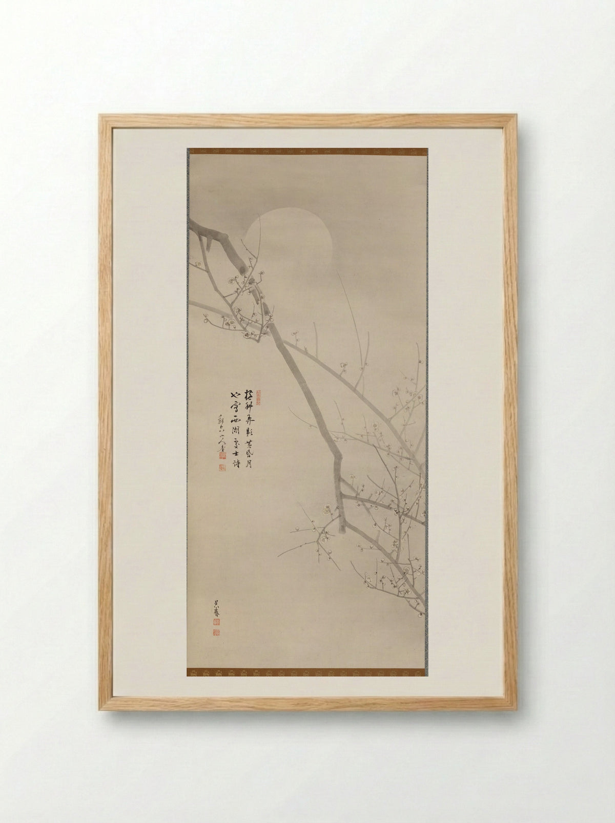 Blossoming Plum with Moon and Snow (left scroll) - Goshun (Matsumura Gekkei) - Framed Print Wood