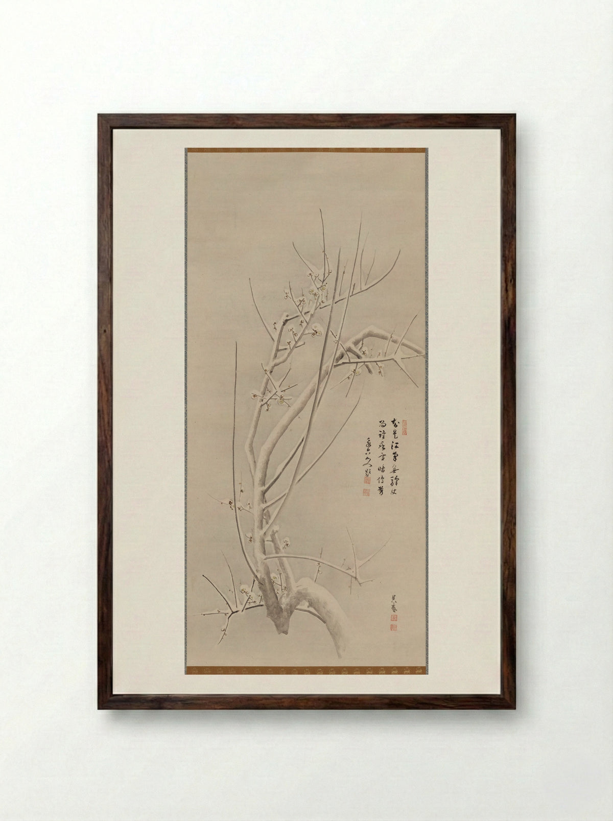 Blossoming Plum with Moon and Snow - Matsumura Gekkei (Goshun) - Framed Print Dark Wood