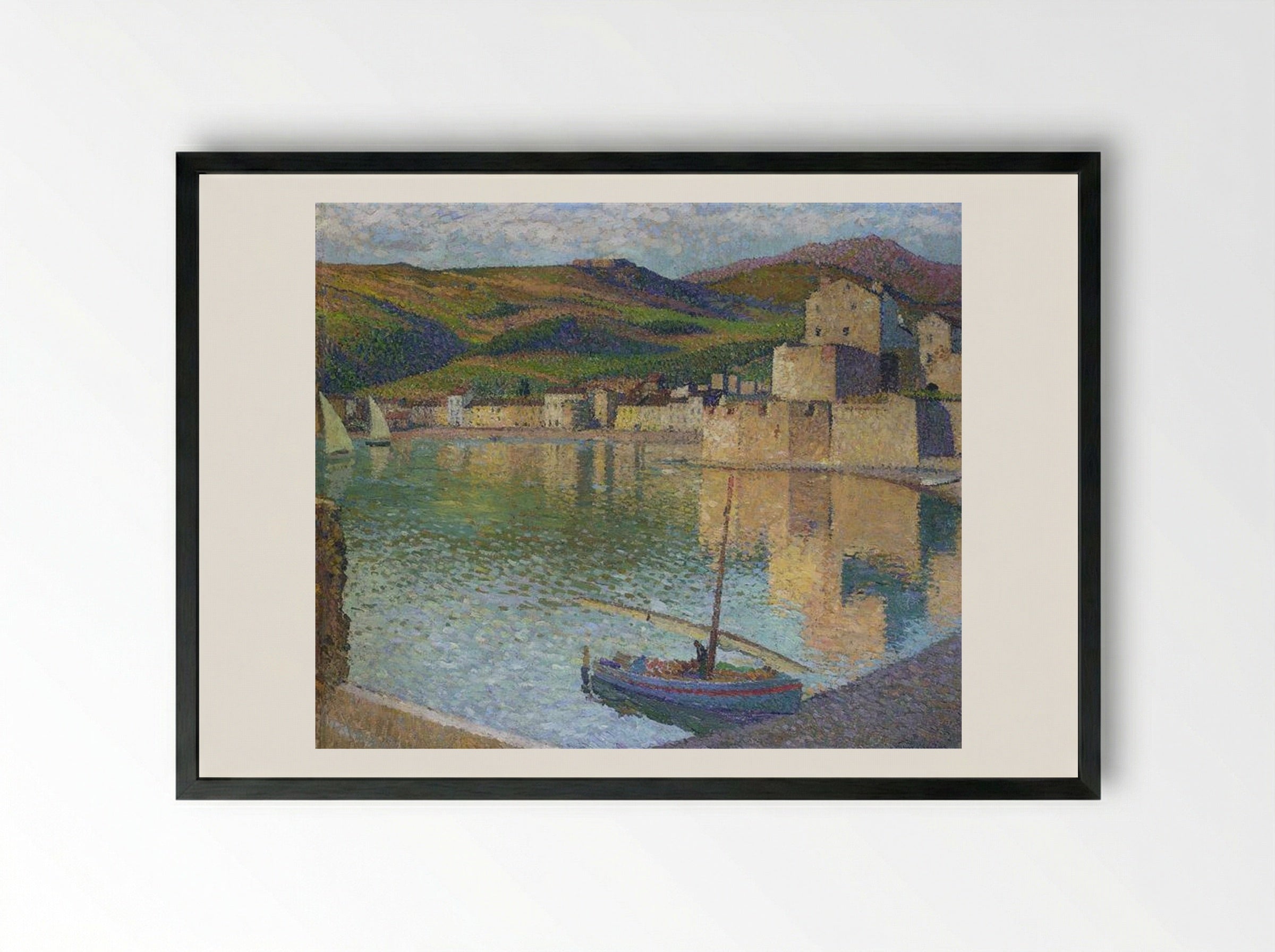 Blue Boat in Port Collioure - Henri Martin - Framed Print Black