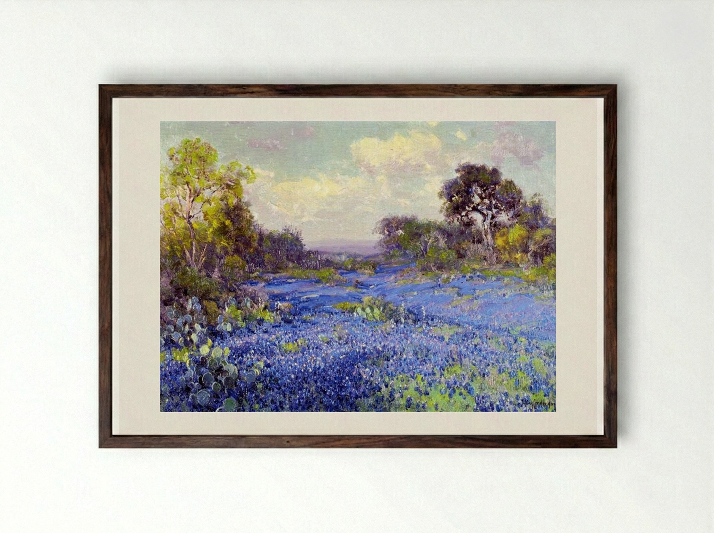 Blue Bonnets at Late Afternoon - Robert Julian Onderdonk - Framed Print Dark Wood