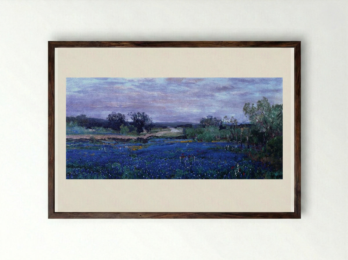Blue Bonnets at Twilight - Robert Julian Onderdonk - Framed Print Dark Wood