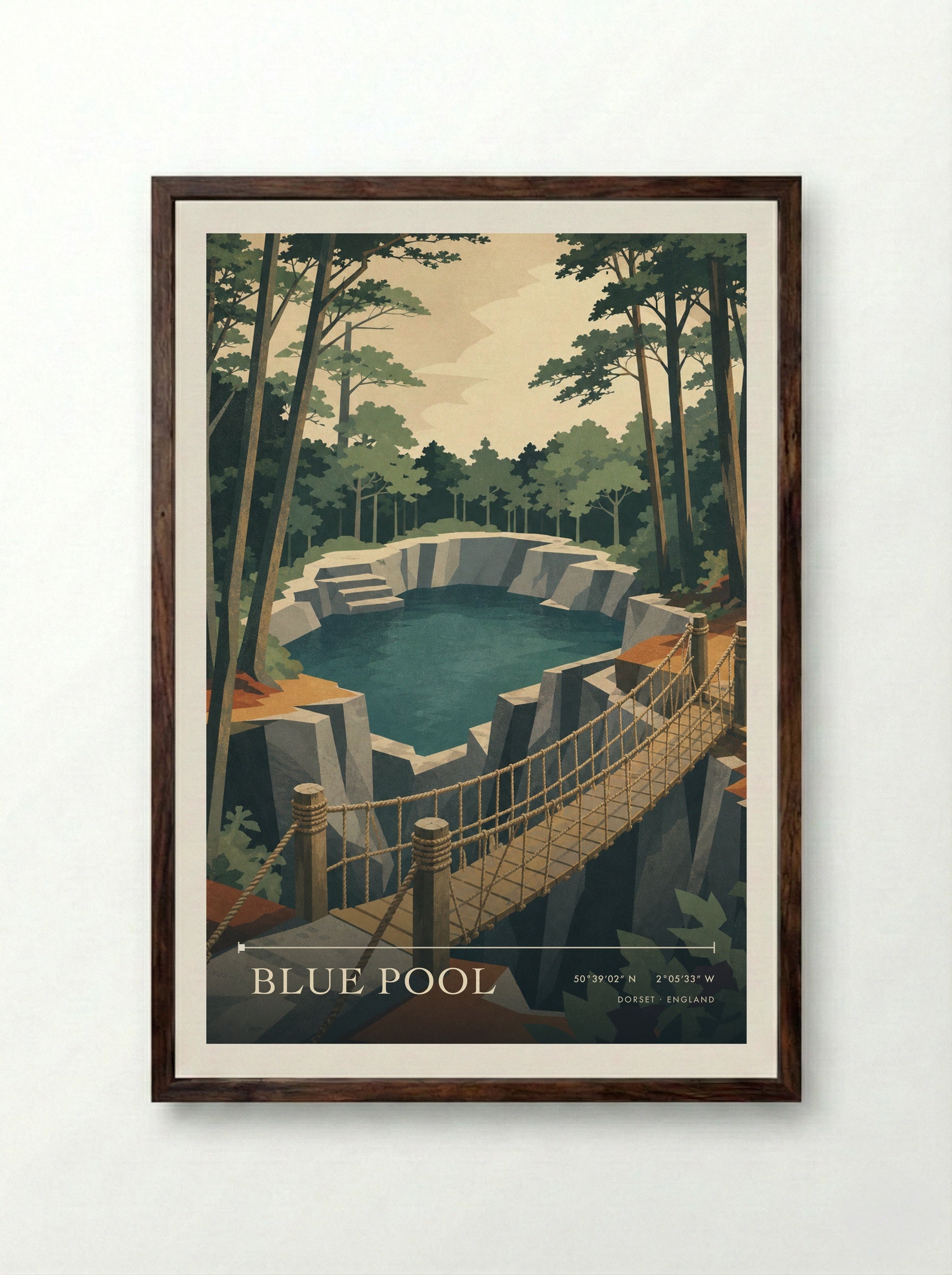 Blue Pool Dorset England Travel Poster - Framed Print Dark Wood