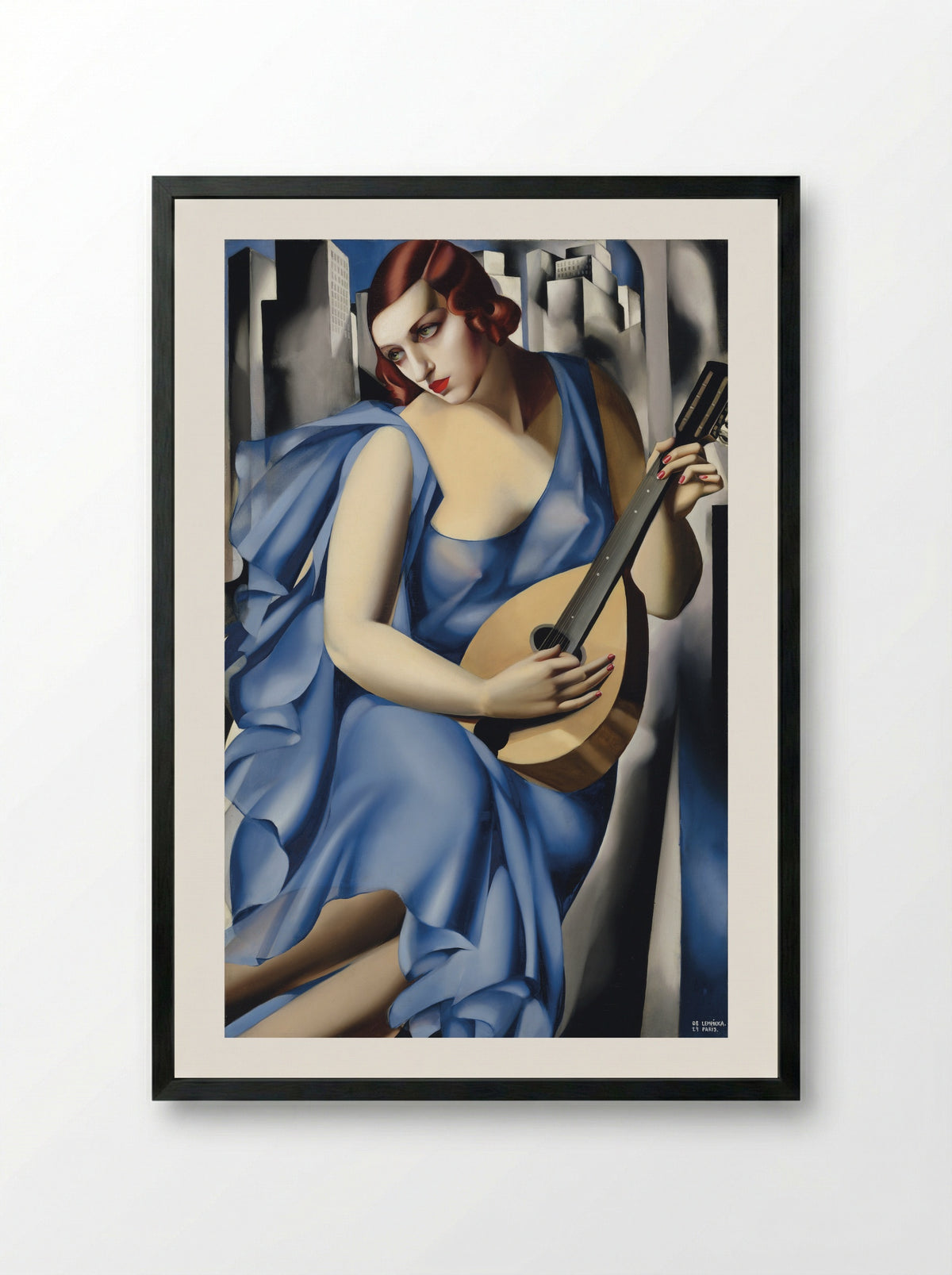 Blue Woman with a Guitar - Tamara de Lempicka - Framed Print Black
