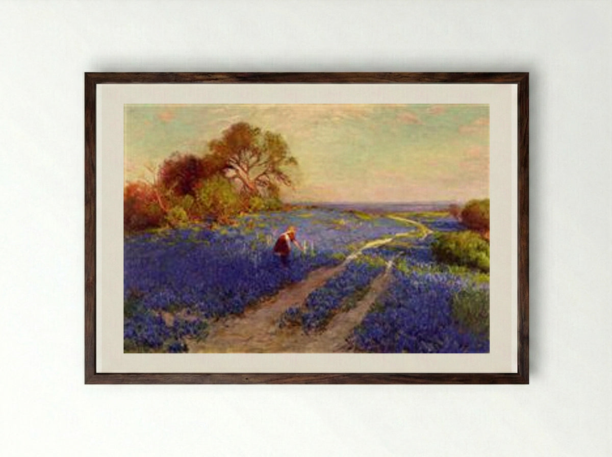 Bluebonnet Scene with a Girl - Robert Julian Onderdonk - Framed Print Dark Wood