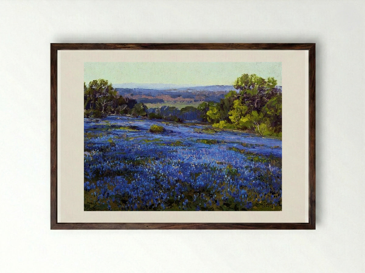 Bluebonnets, Late Afternoon, North of San Antonio - Robert Julian Onderdonk - Framed Print Dark Wood