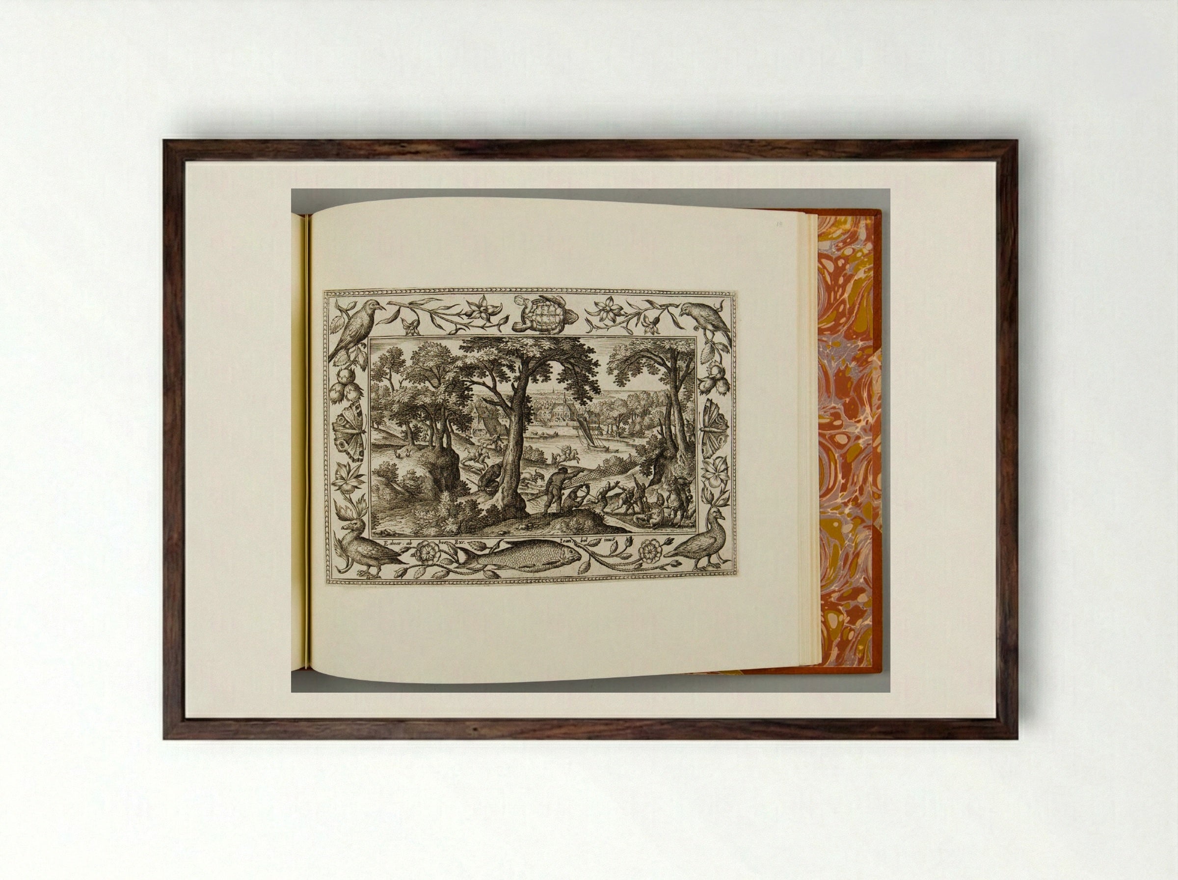 Boar Hunt, with Sea Turtle, Fish, and Bird - Adriaen Collaert - Framed Print Dark Wood