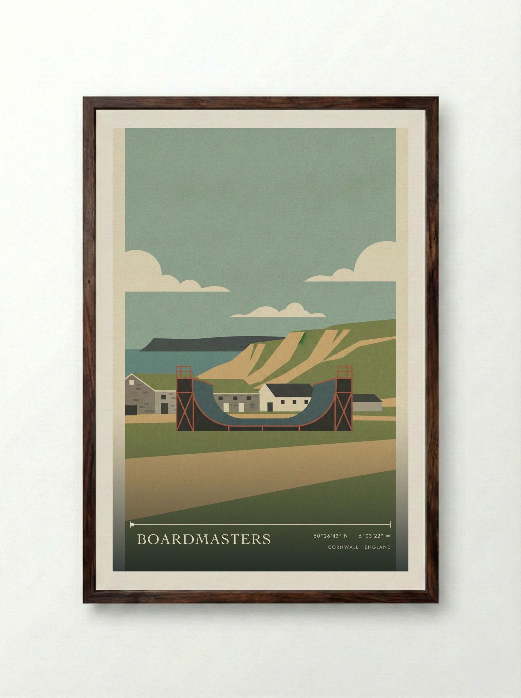 Boardmasters Cornwall England Travel Poster - Framed Print Dark Wood