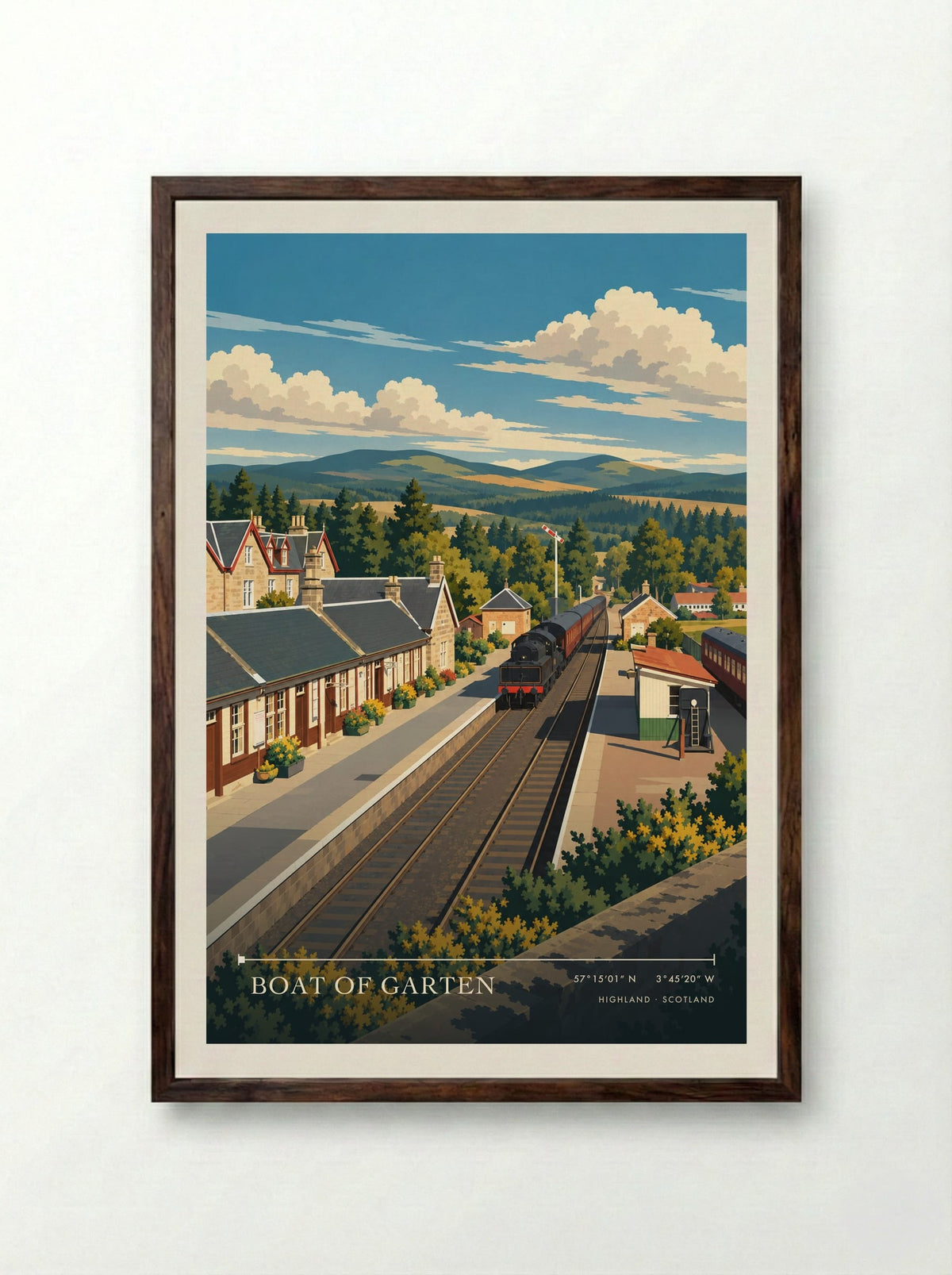 Boat of Garten, Highland | Travel Poster - Framed Print Dark Wood