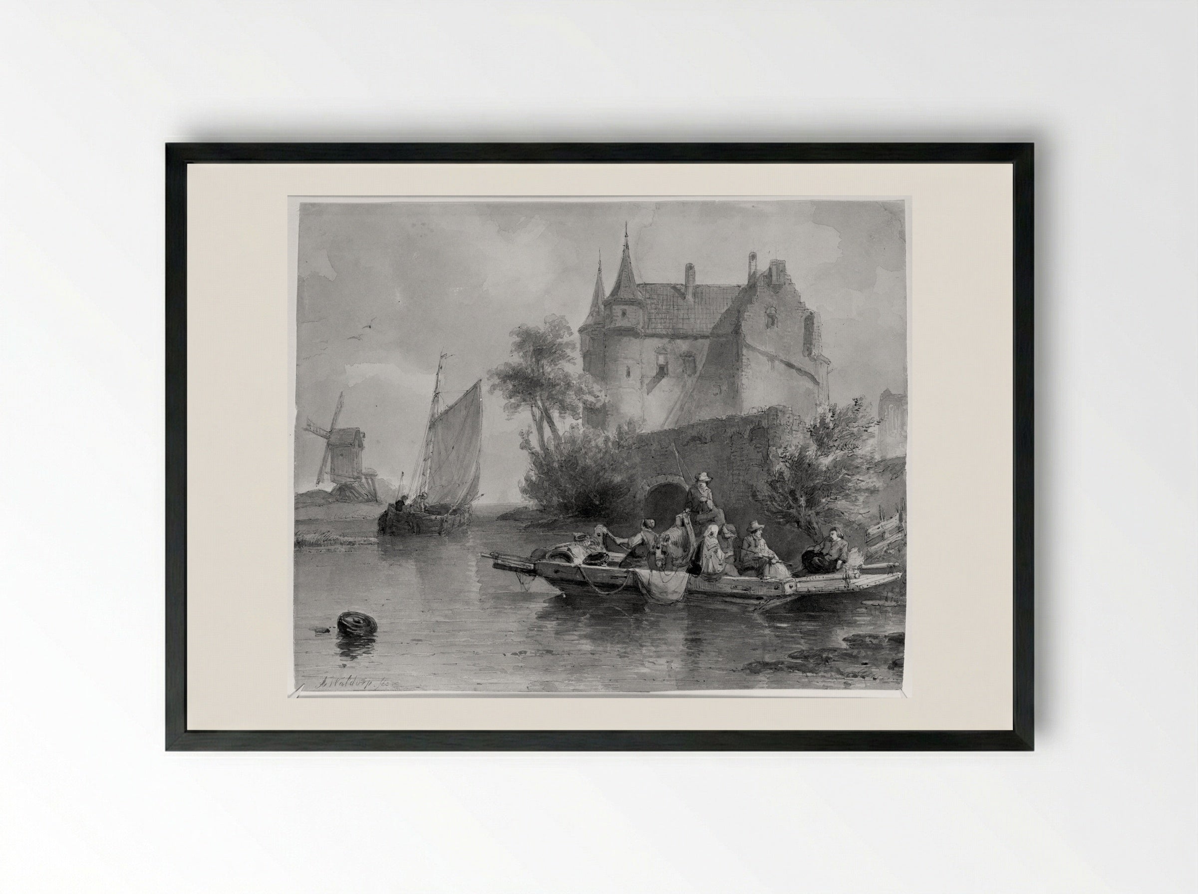 Boat with Figures by a Castle - Antonie Waldorp - Framed Print Black