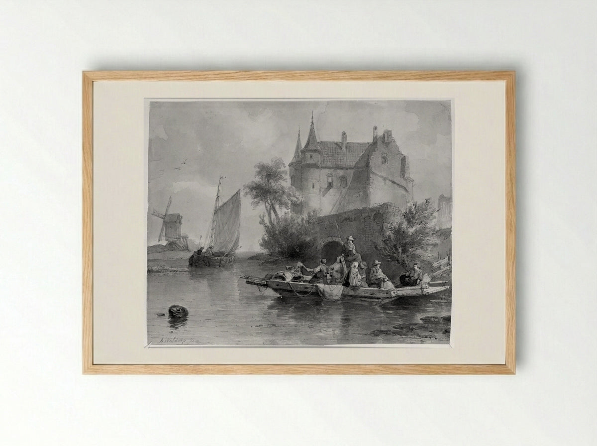 Boat with Figures by a Castle - Antonie Waldorp - Framed Print Wood