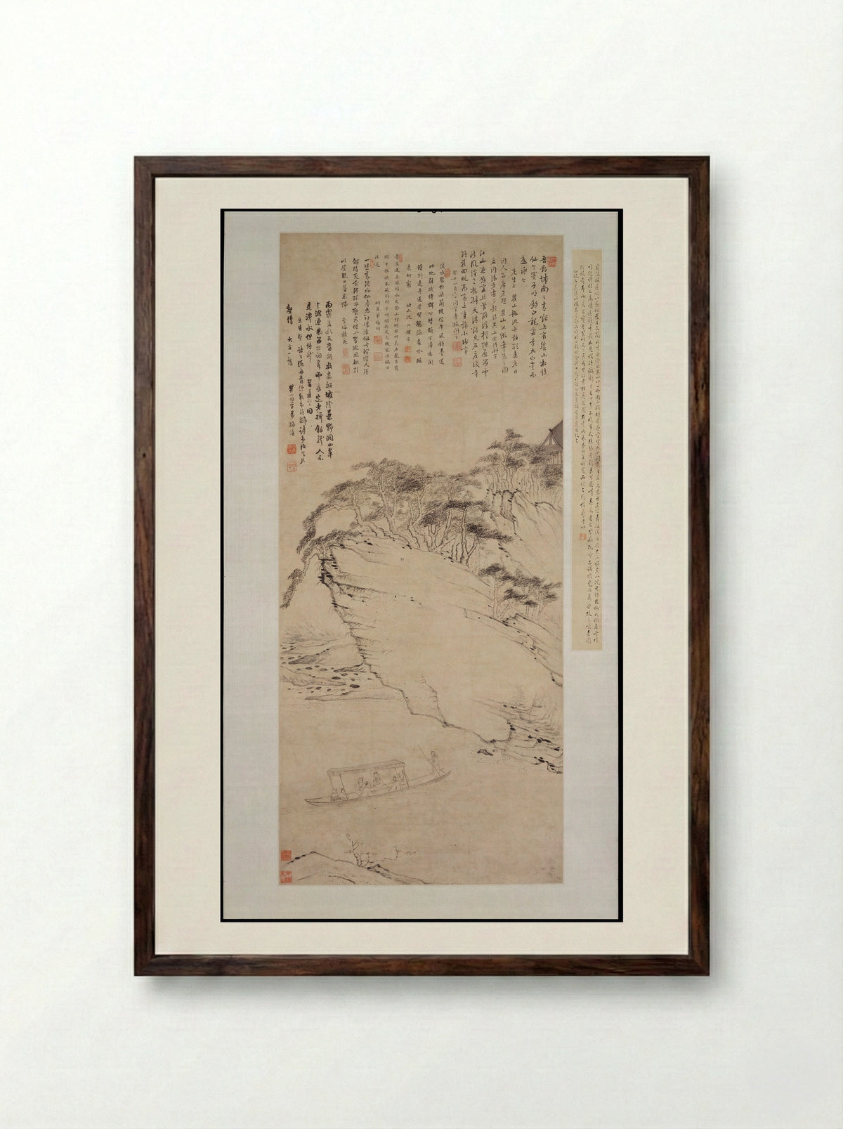 Boating beneath Echo Hill - Mei Qing - Framed Print Dark Wood