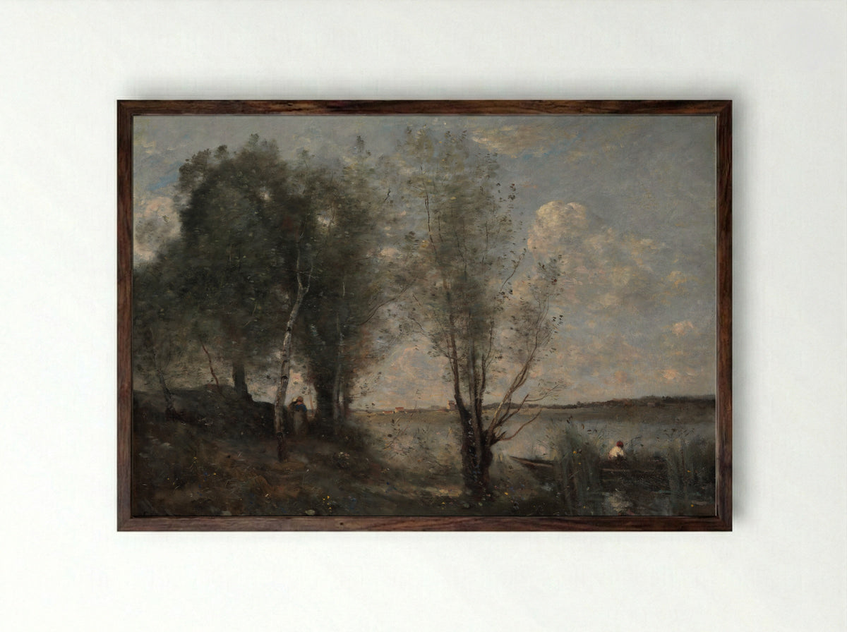 Boatman among the Reeds - Camille Corot - Framed Print Dark Wood