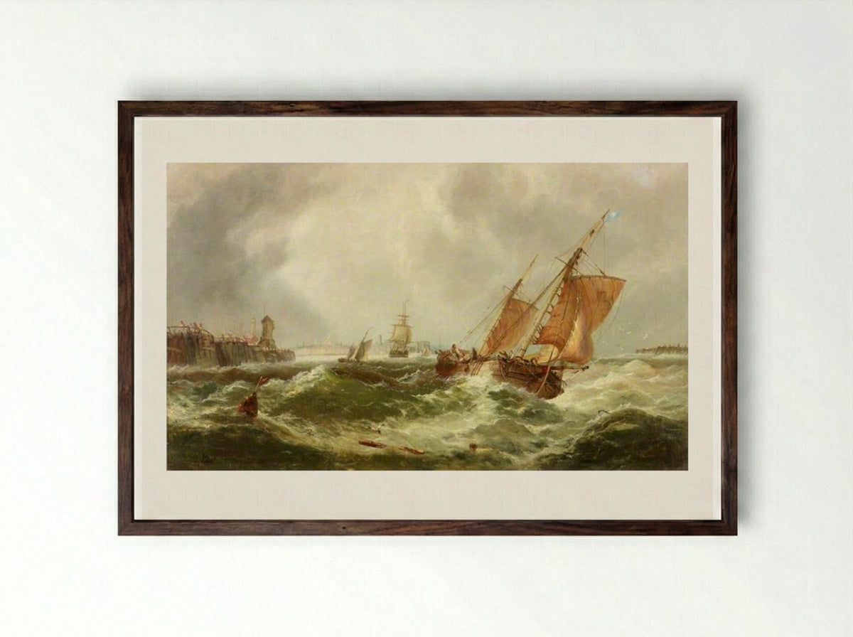 Boats Leaving Harbour - James Webb - Framed Print Dark Wood