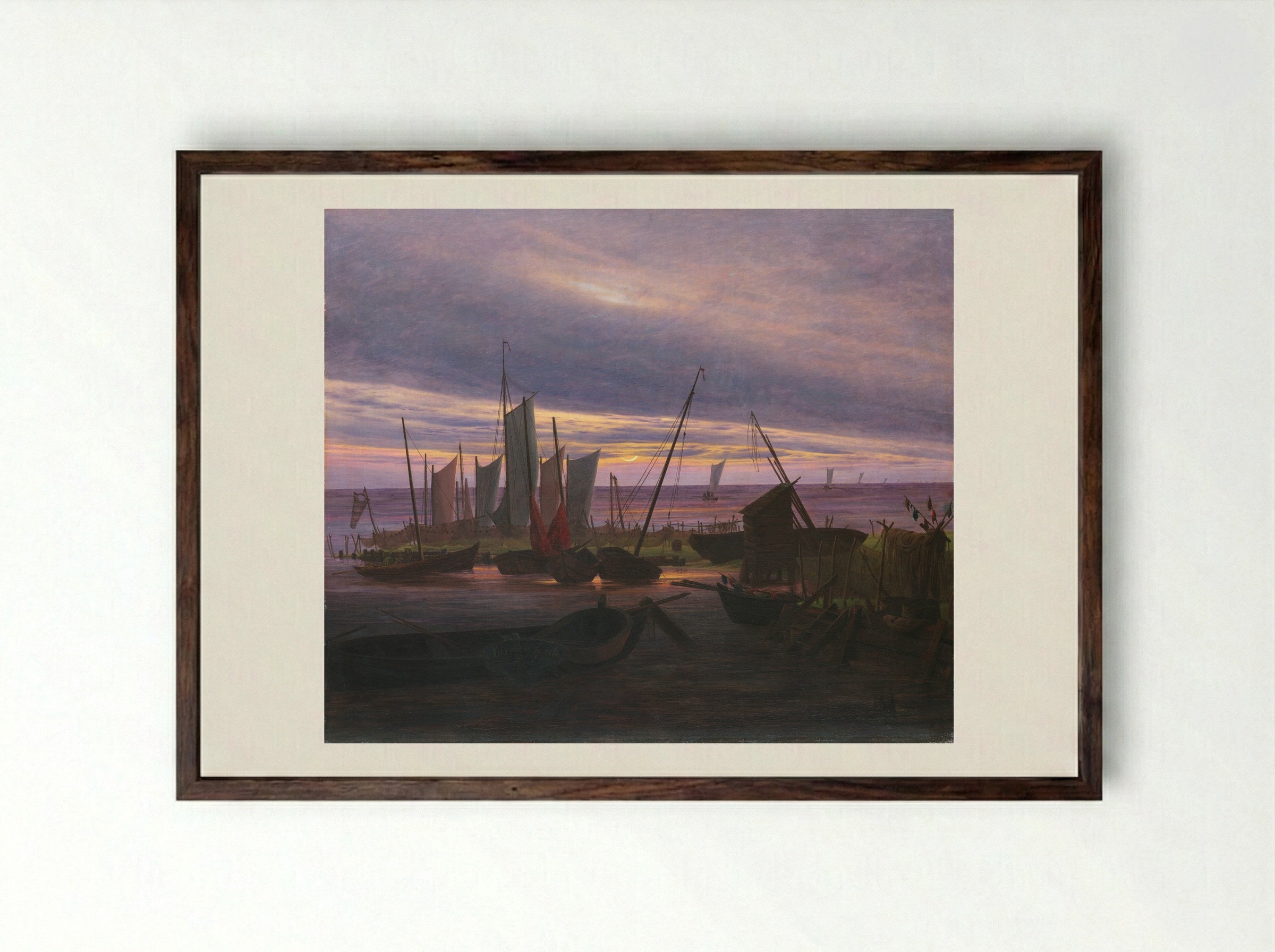 Boats in the Harbour at Evening - Caspar David Friedrich - Framed Print Dark Wood