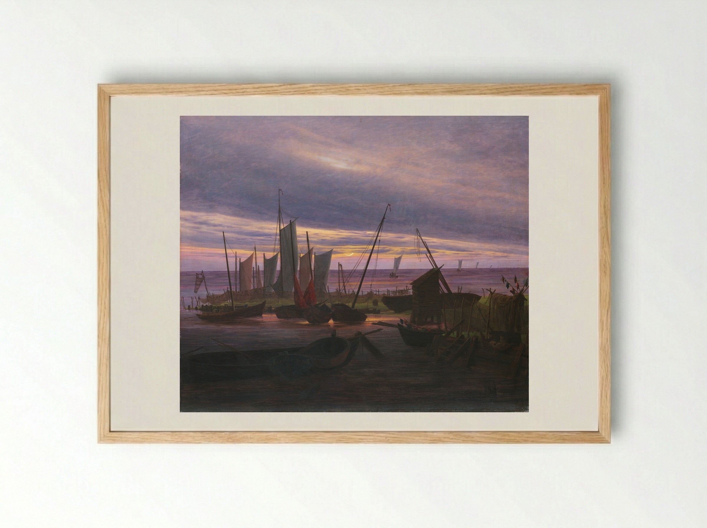 Boats in the Harbour at Evening - Caspar David Friedrich - Framed Print Wood