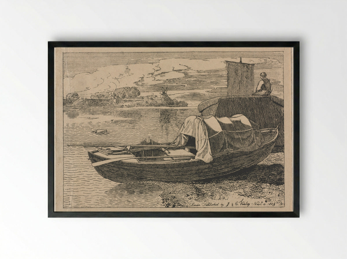 Boats on a River, Windmill in Distance - Cornelius Varley - Framed Print Black