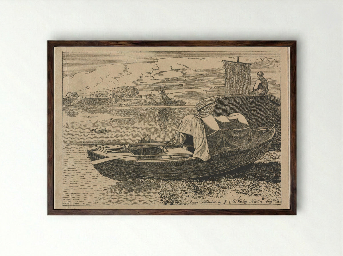 Boats on a River, Windmill in Distance - Cornelius Varley - Framed Print Dark Wood