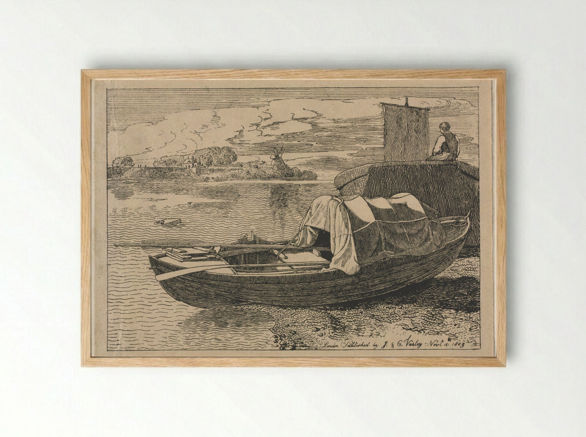 Boats on a River, Windmill in Distance - Cornelius Varley - Framed Print Wood