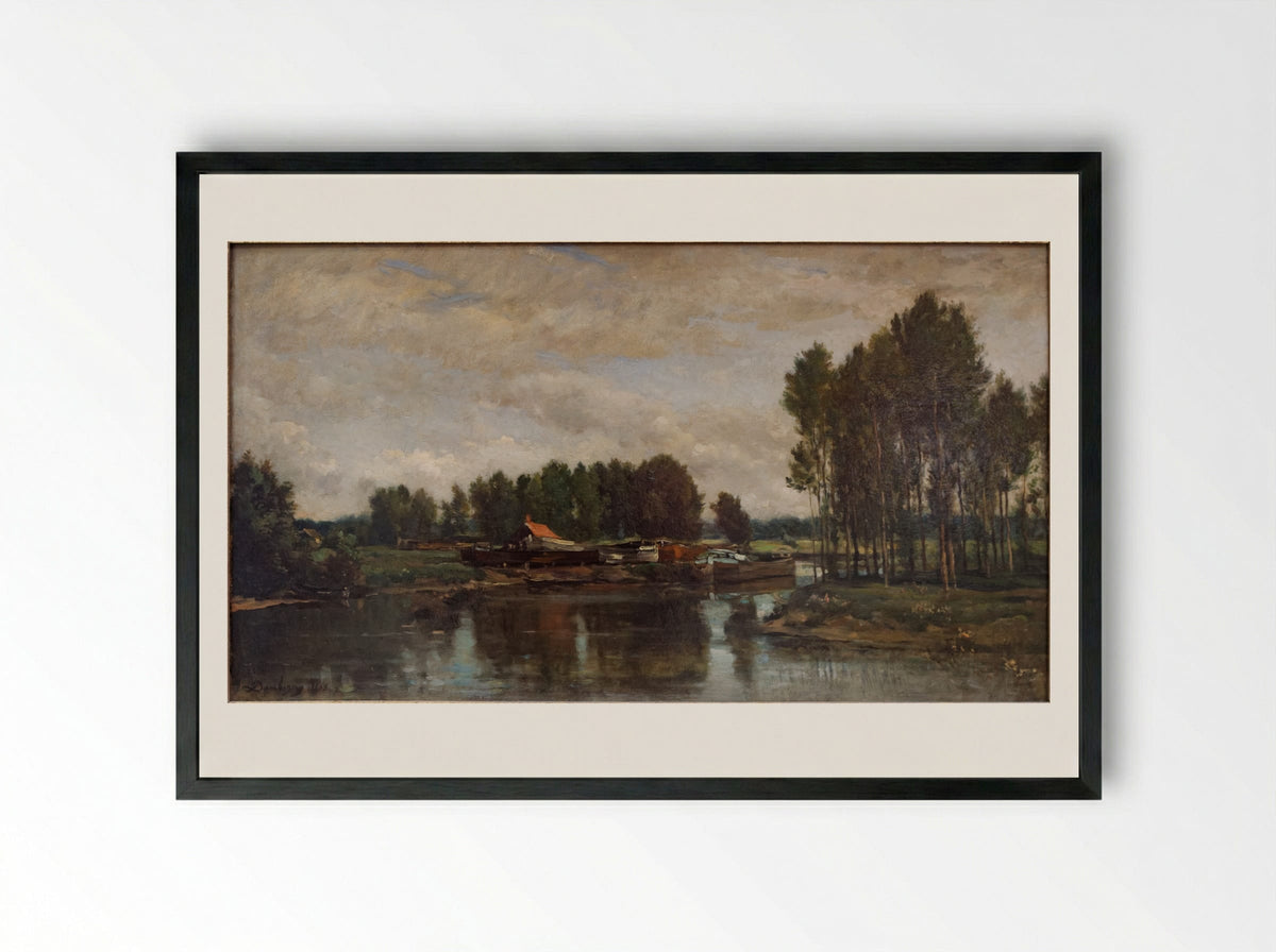 Boats on the Oise - Charles-Francois Daubigny - Framed Print Black