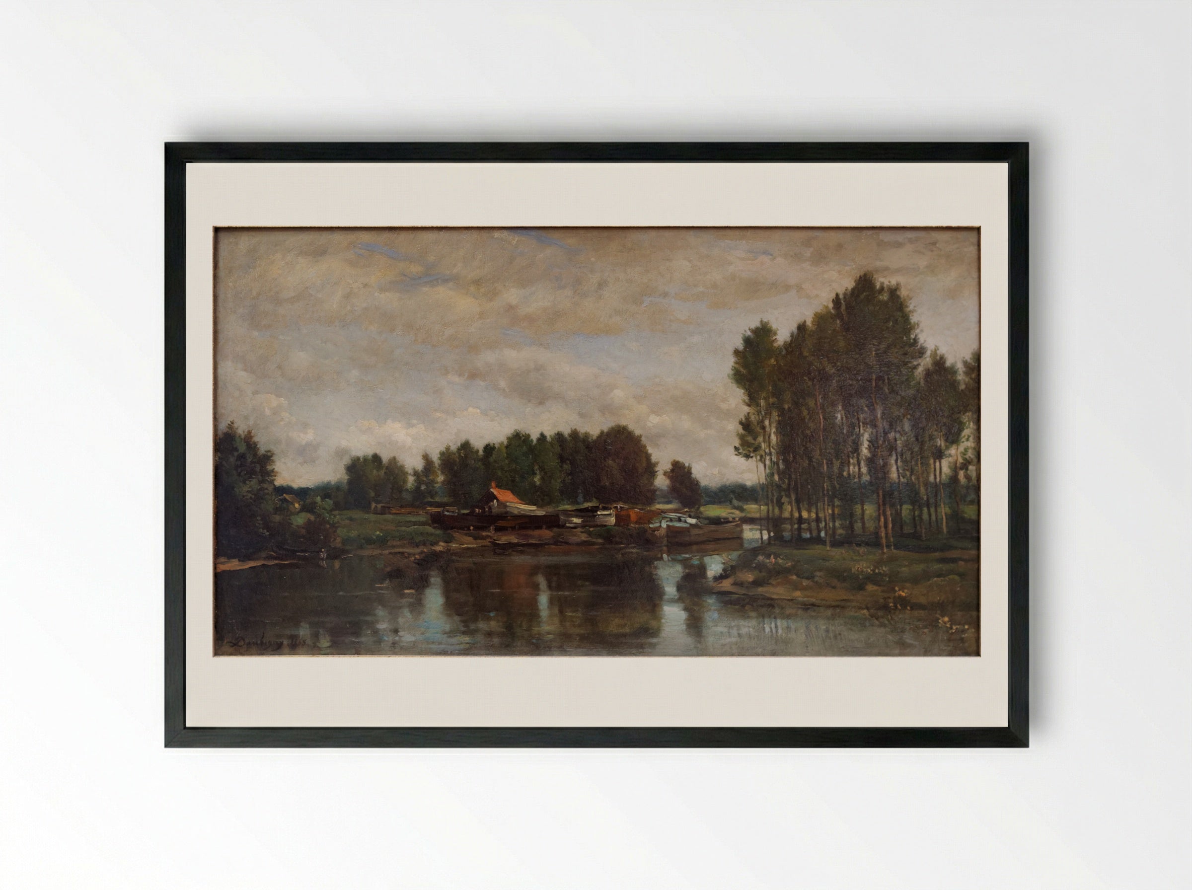 Boats on the Oise - Charles-Francois Daubigny - Framed Print Black