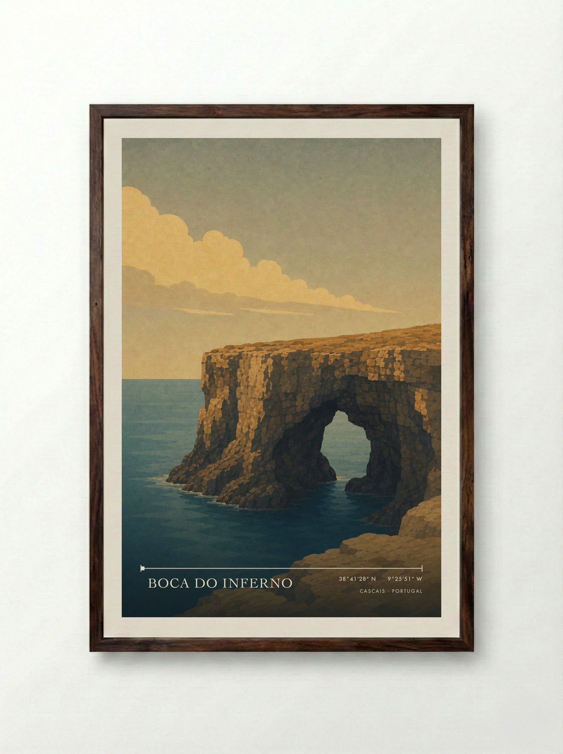 Boca do Inferno Travel Poster Artwork - Framed Print Dark Wood