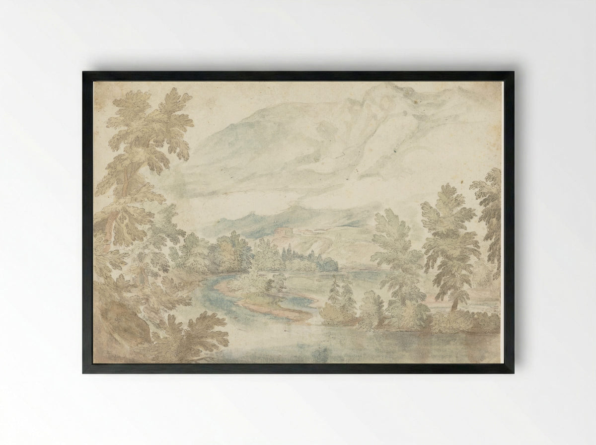 Bocht in een rivier stromend door een dal met hoge bergen - Frederik van Valckenborch - Framed Print Black