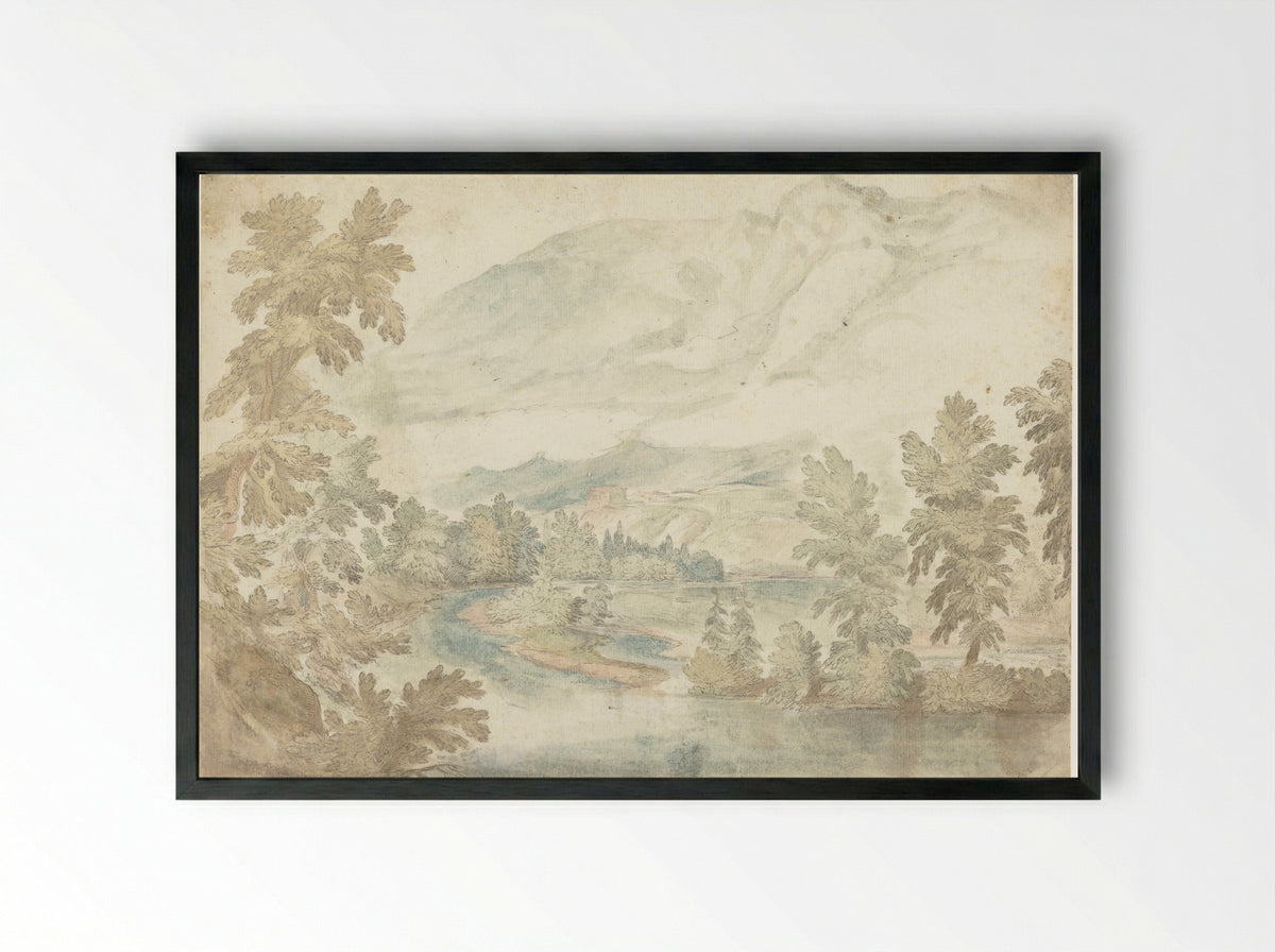 Bocht in een rivier stromend door een dal met hoge bergen - Frederik van Valckenborch - Framed Print Black