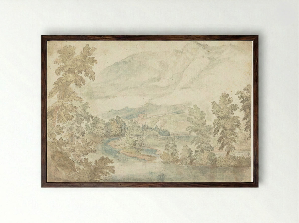 Bocht in een rivier stromend door een dal met hoge bergen - Frederik van Valckenborch - Framed Print Dark Wood