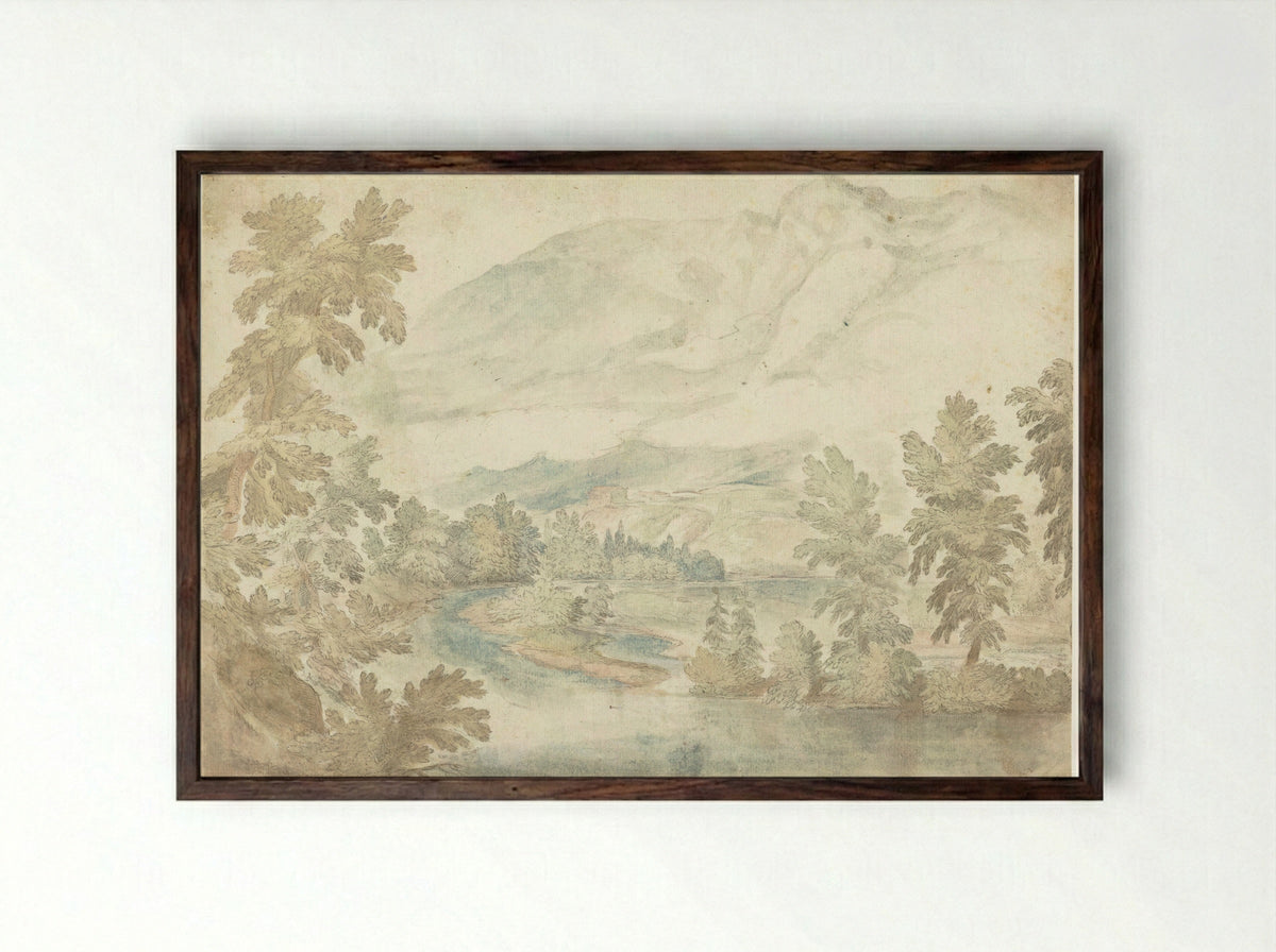 Bocht in een rivier stromend door een dal met hoge bergen - Frederik van Valckenborch - Framed Print Dark Wood