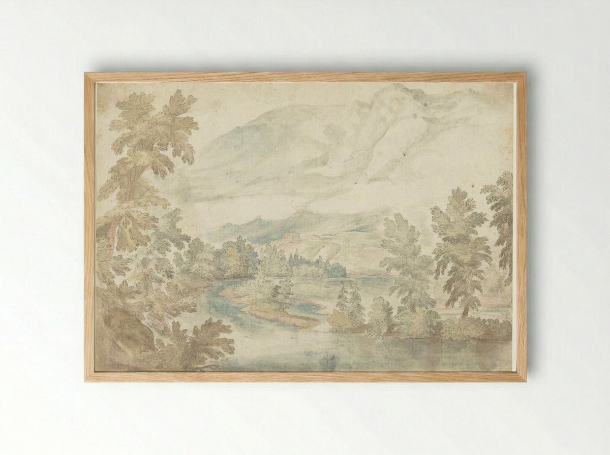 Bocht in een rivier stromend door een dal met hoge bergen - Frederik van Valckenborch - Framed Print Wood