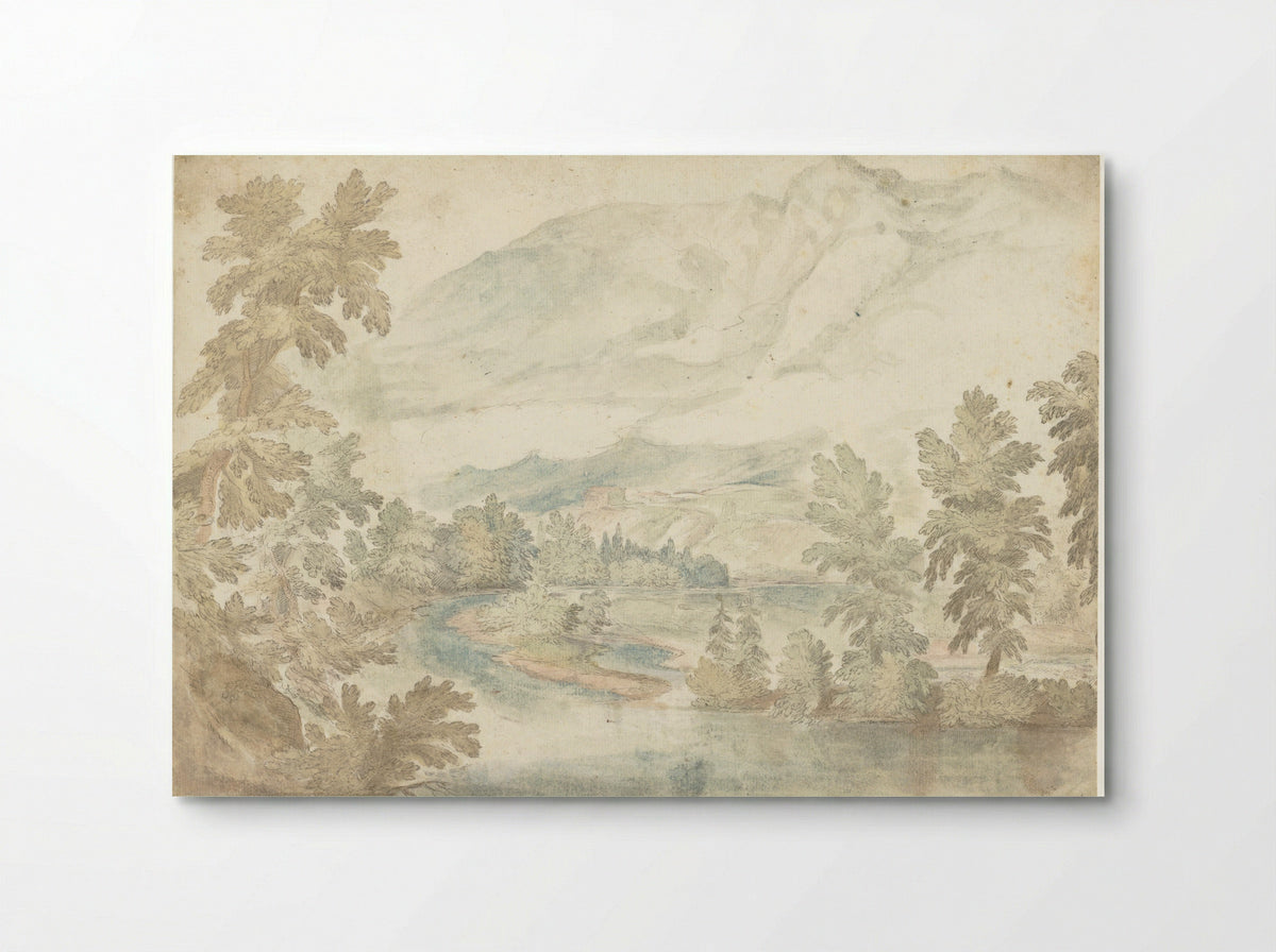 Bocht in een rivier stromend door een dal met hoge bergen - Frederik van Valckenborch - Poster