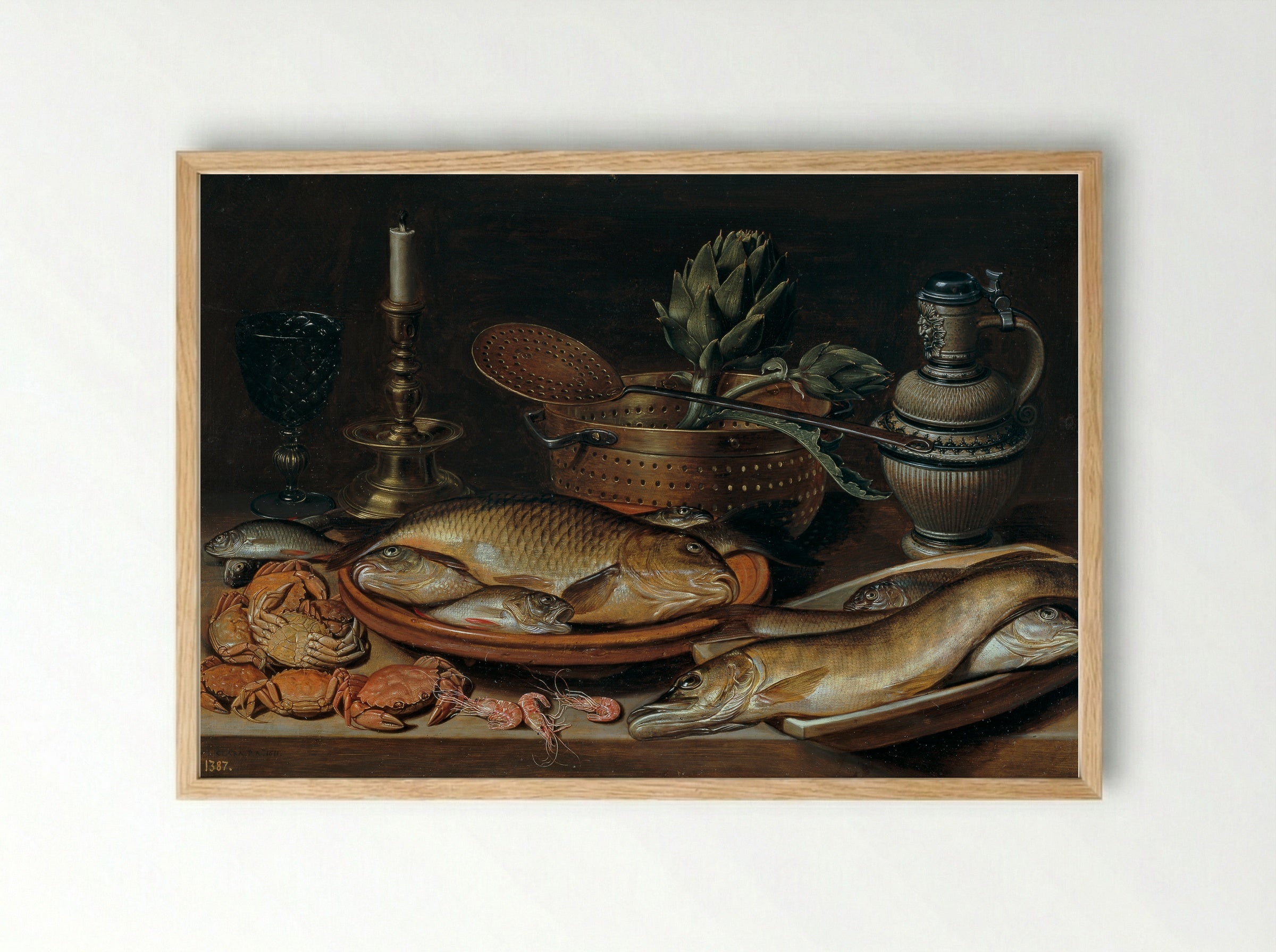 Bodegón (Still Life with Fish, Artichoke, and Crab) - Clara Peeters - Framed Print Wood