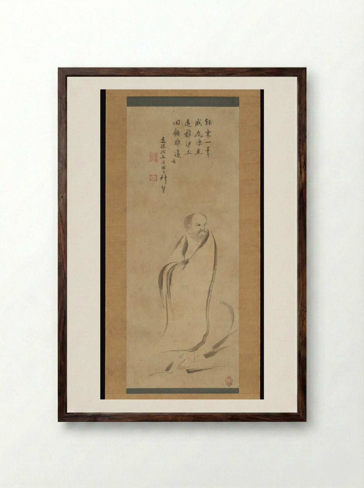 Bodhidharma Crossing the Yangzi River on a Reed - Kano Genshun - Framed Print Dark Wood