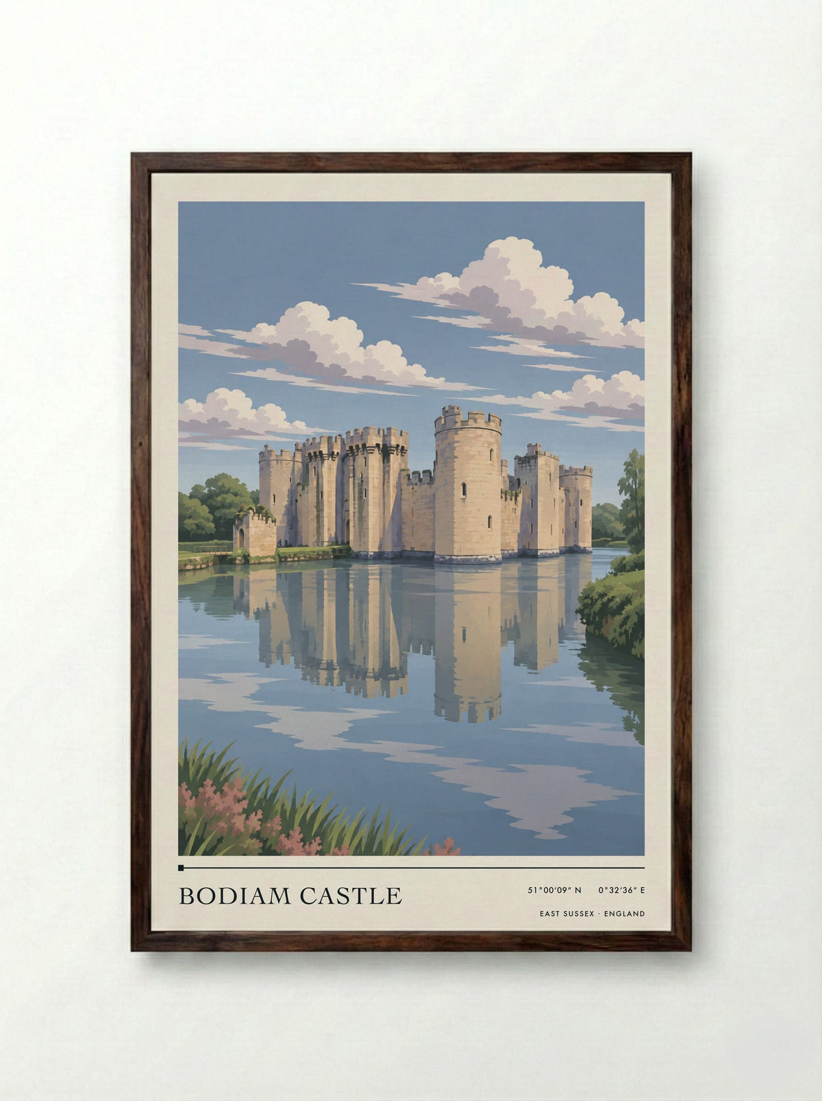 Bodiam Castle, East Sussex | Travel Poster - Framed Print Dark Wood