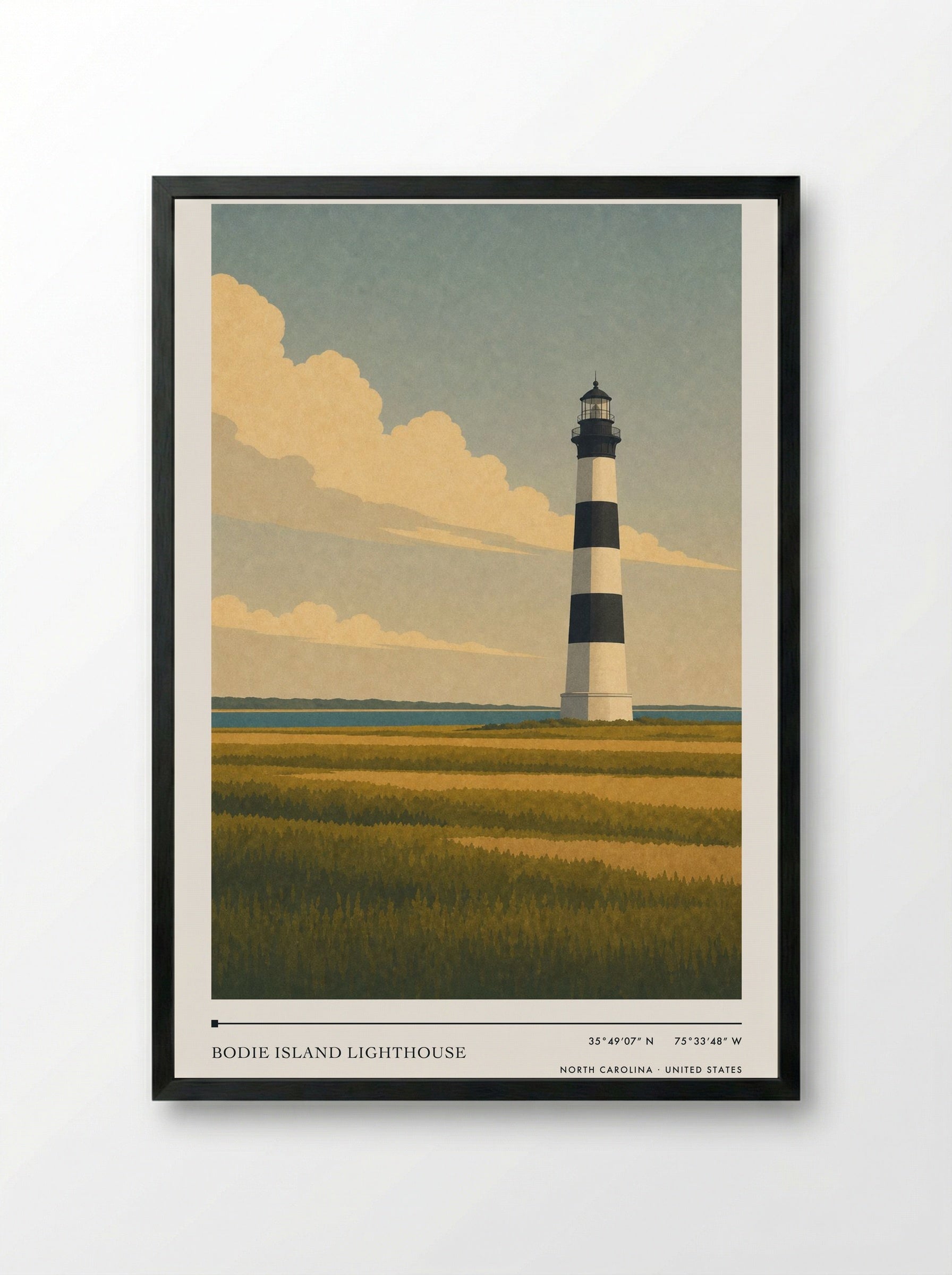 Bodie Island Lighthouse Travel Poster Artwork - Framed Print Black