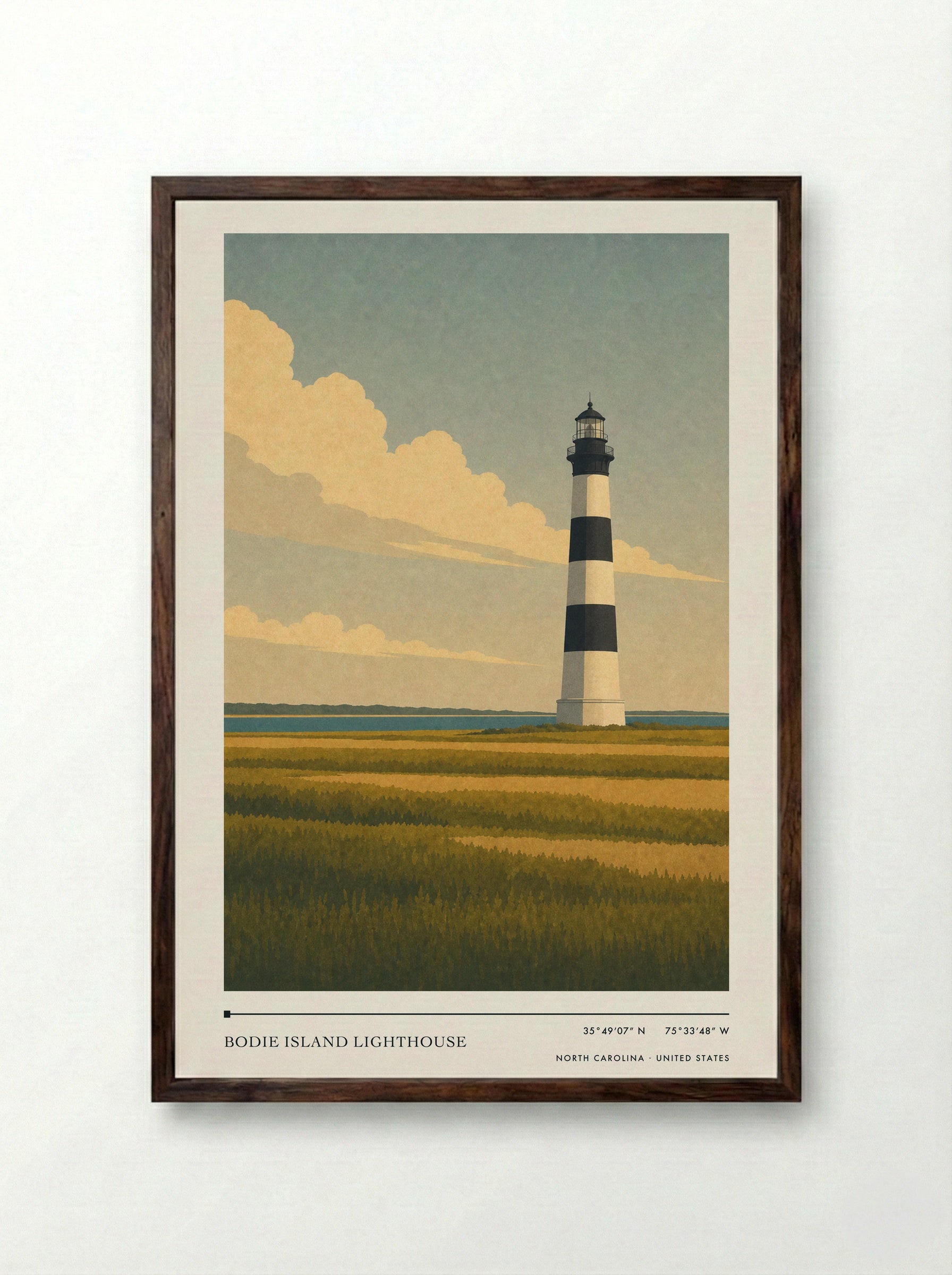 Bodie Island Lighthouse Travel Poster Artwork - Framed Print Dark Wood