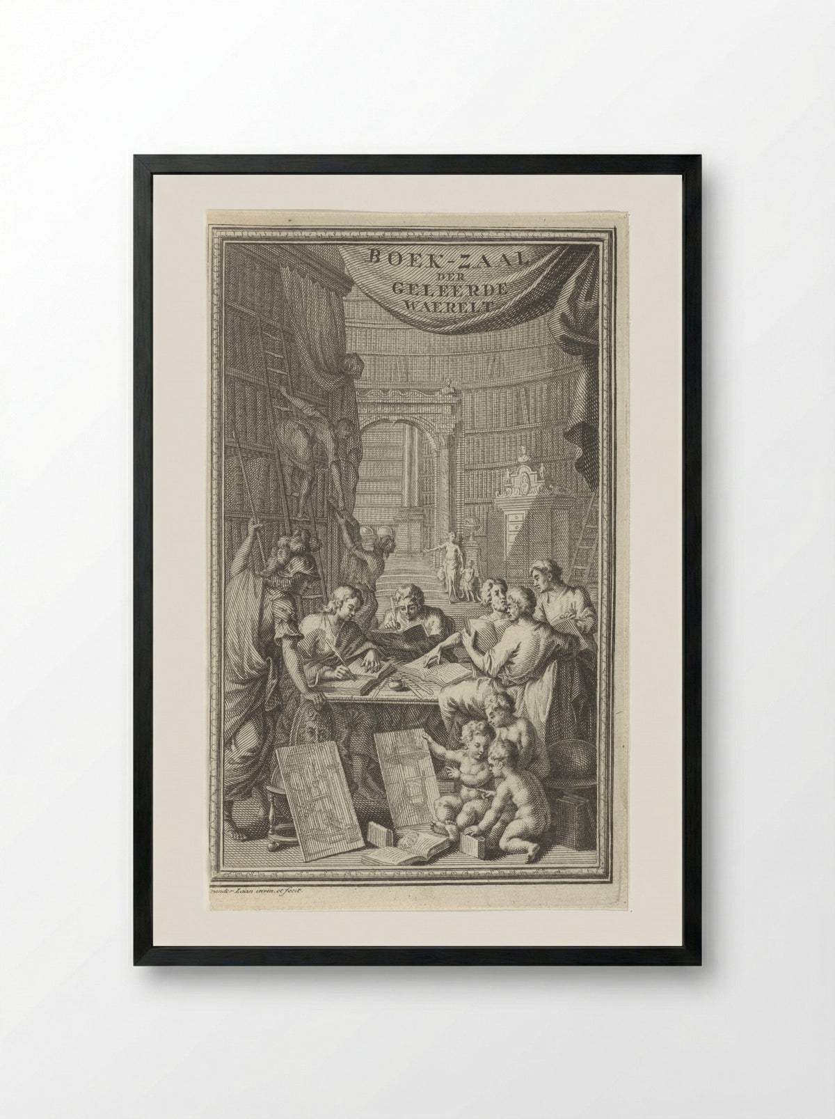 Boek-zaal der geleerde waerelt - Adriaen van der Laan - Framed Print Black