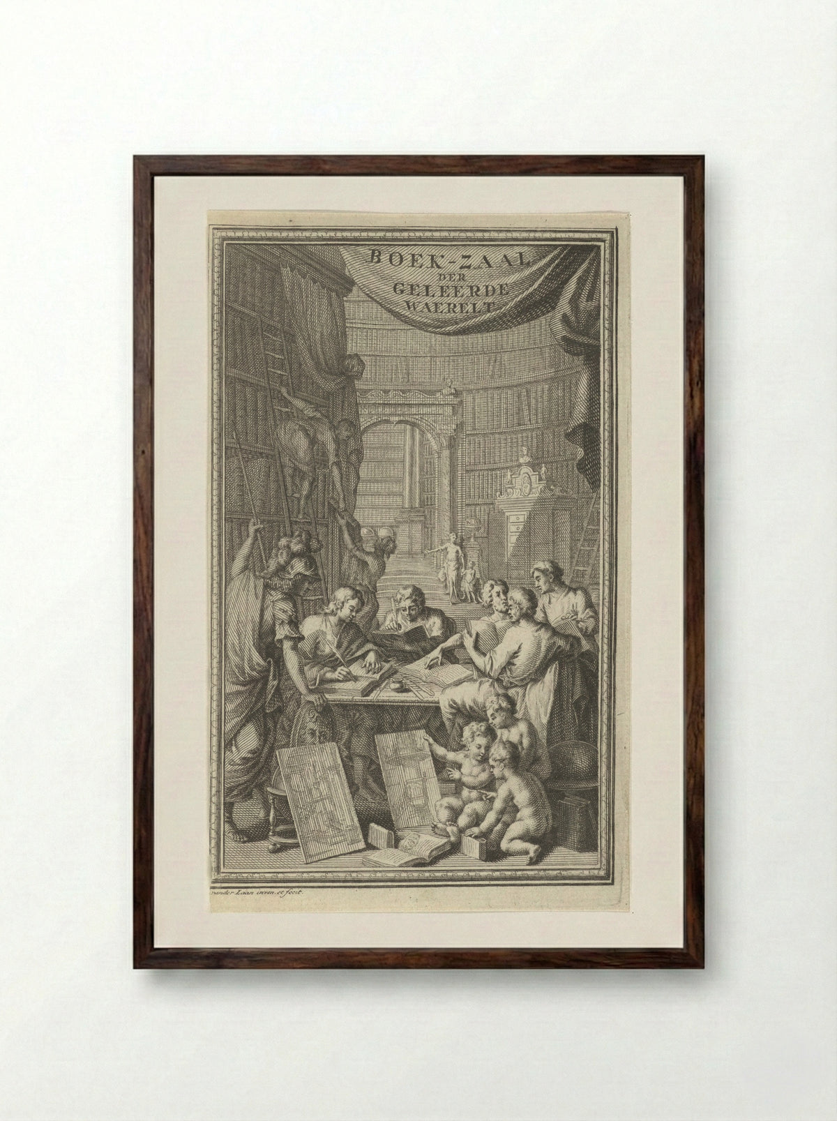 Boek-zaal der geleerde waerelt - Adriaen van der Laan - Framed Print Dark Wood