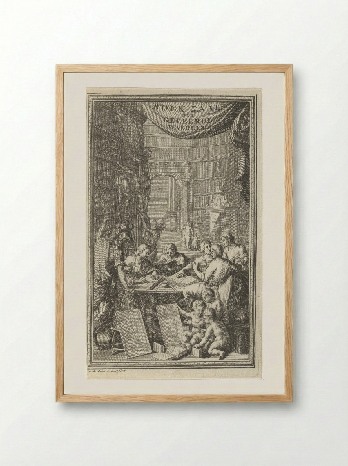 Boek-zaal der geleerde waerelt - Adriaen van der Laan - Framed Print Wood