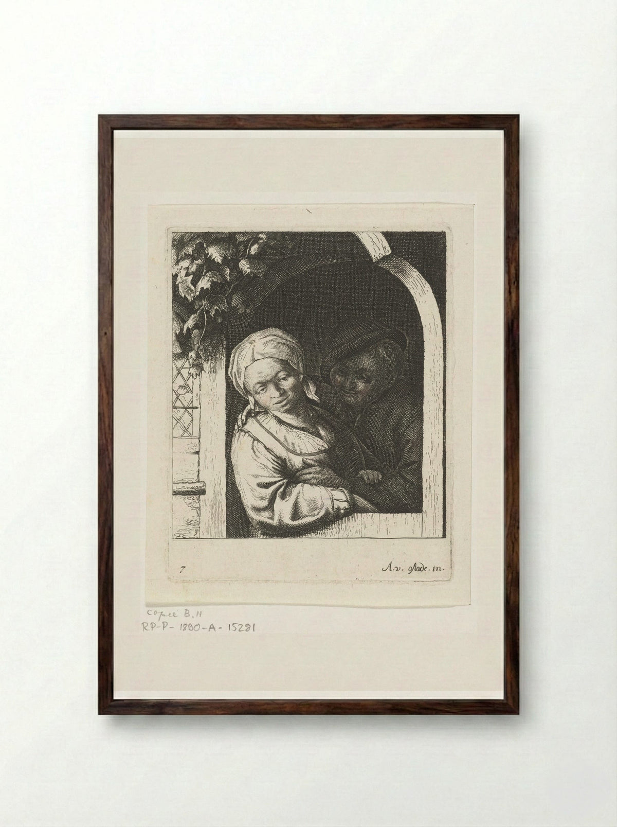 Boer en boerin als liefdespaar in deuropening - Abraham Bloteling - Framed Print Dark Wood