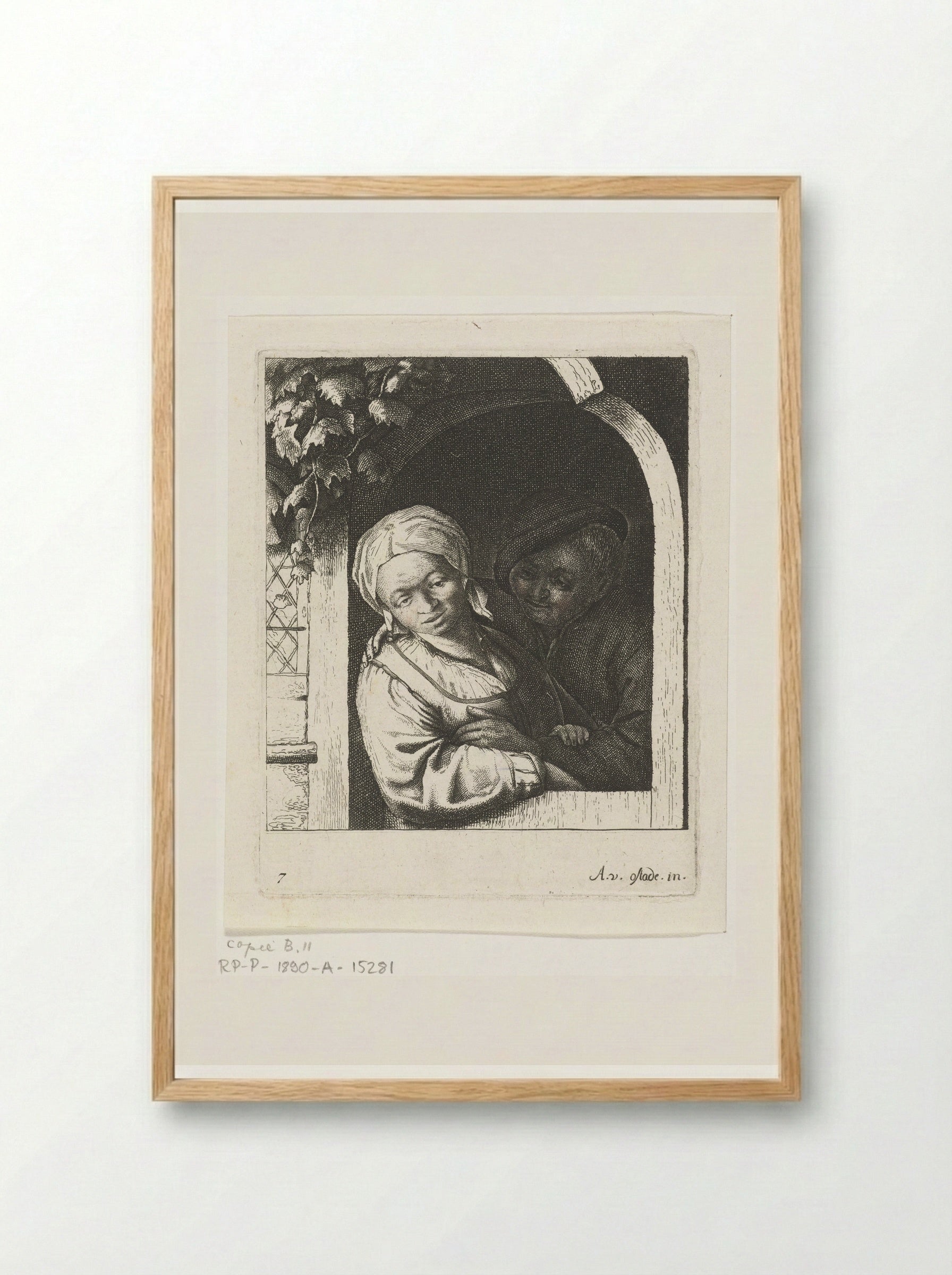 Boer en boerin als liefdespaar in deuropening - Abraham Bloteling - Framed Print Wood