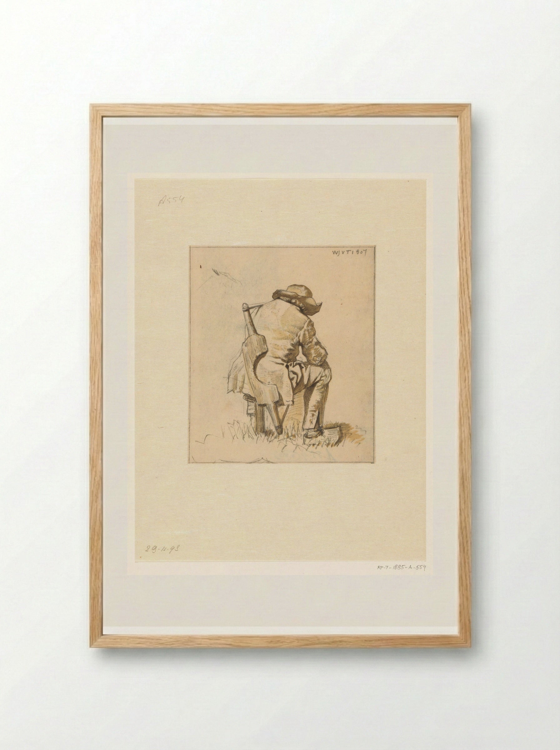 Boer met hoed op zittend op een kruk met emmerjuk over de schouder - Wouter Johannes van Troostwijk - Framed Print Wood