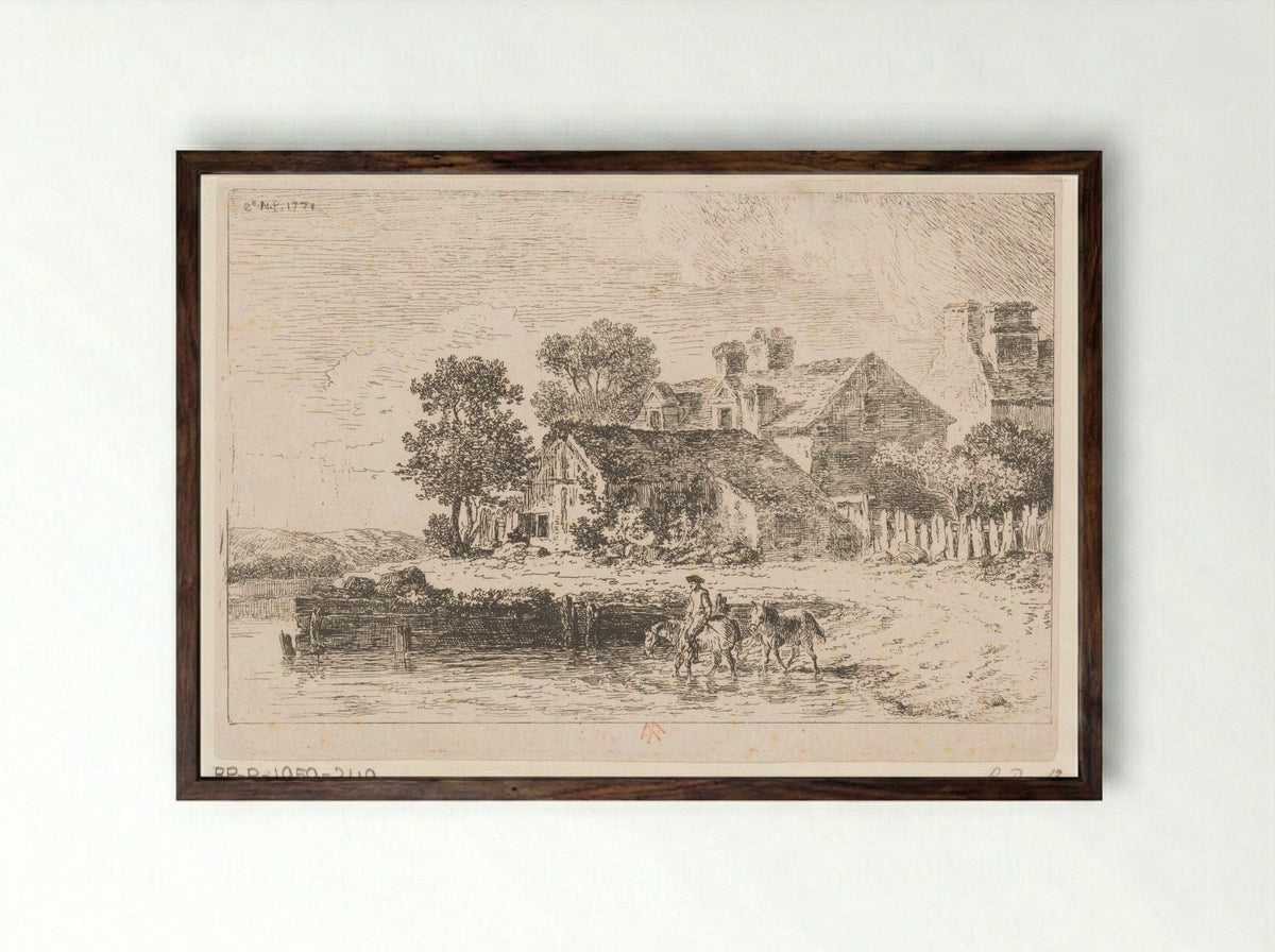 Boerderij en ruiter met twee paarden - Alexis Nicolas Pérignon - Framed Print Dark Wood
