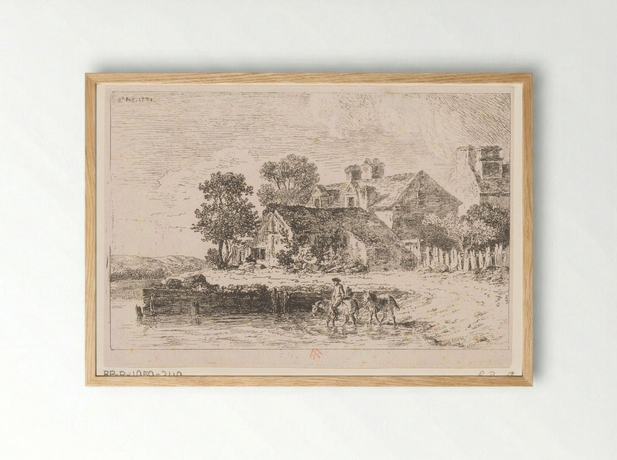 Boerderij en ruiter met twee paarden - Alexis Nicolas Pérignon - Framed Print Wood