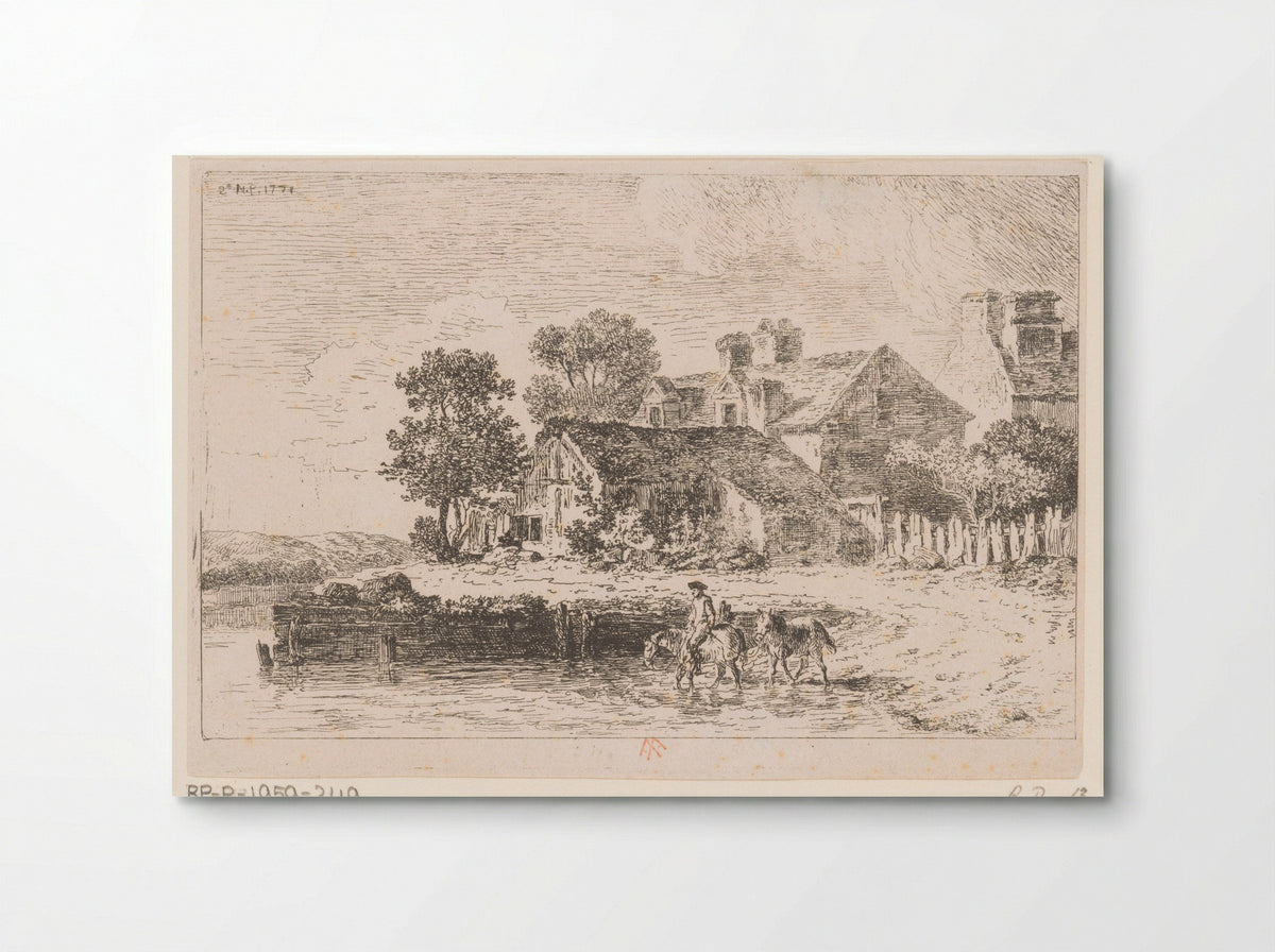 Boerderij en ruiter met twee paarden - Alexis Nicolas Pérignon - Poster