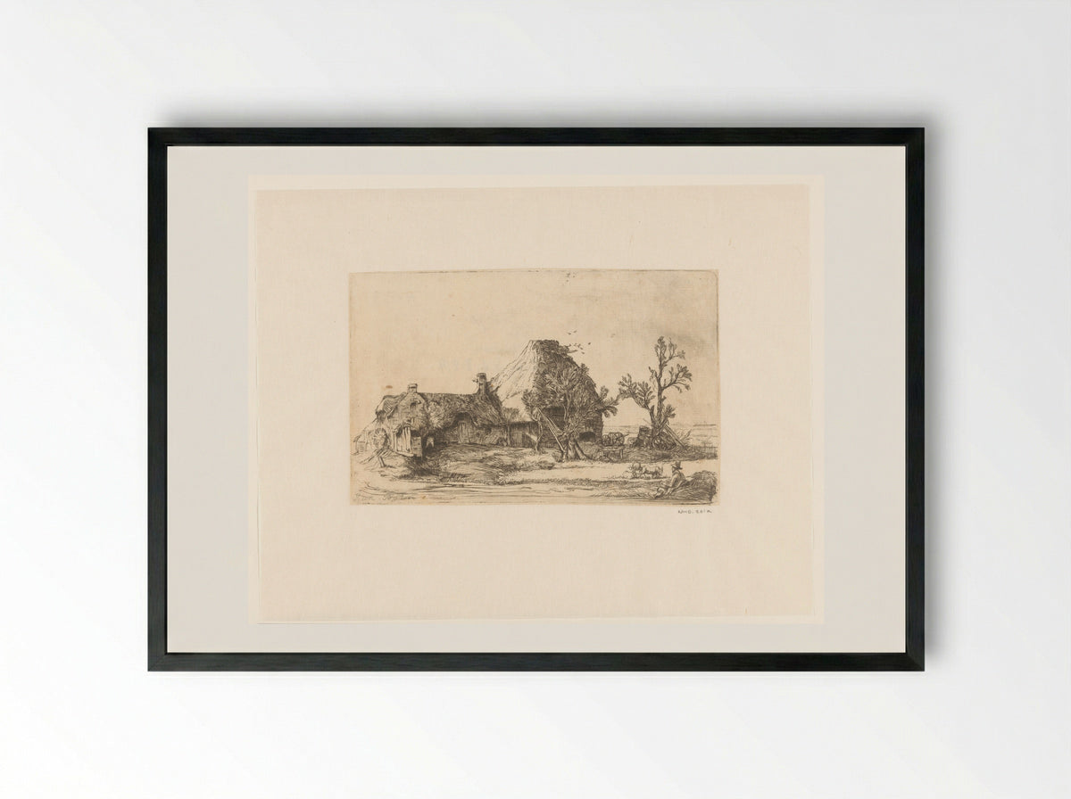 Boerderij en stallen, met een zittende tekenaar - Richard Byron - Framed Print Black