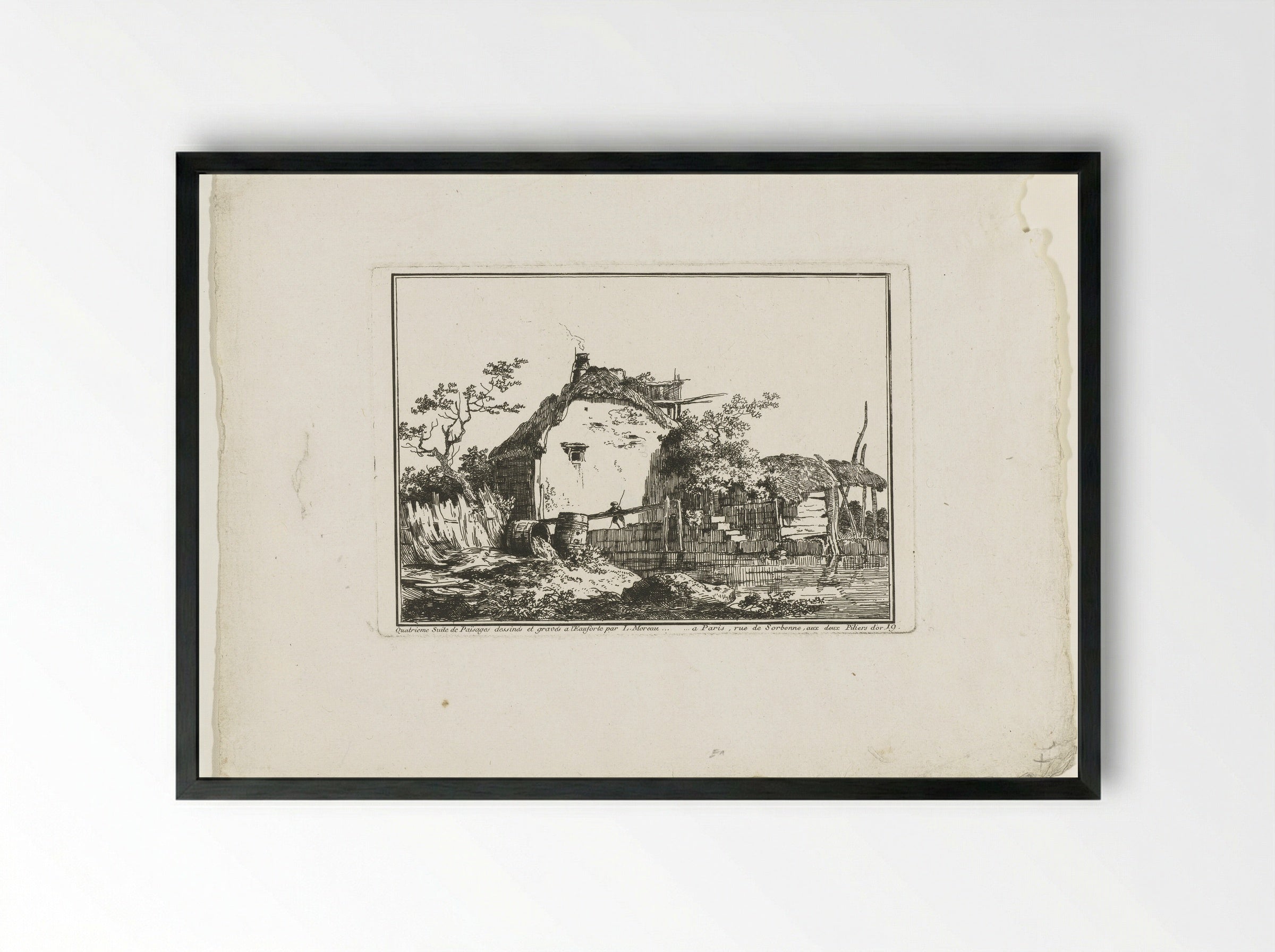 Boerderij met hooiberg aan het water - François Etienne Joubert - Framed Print Black